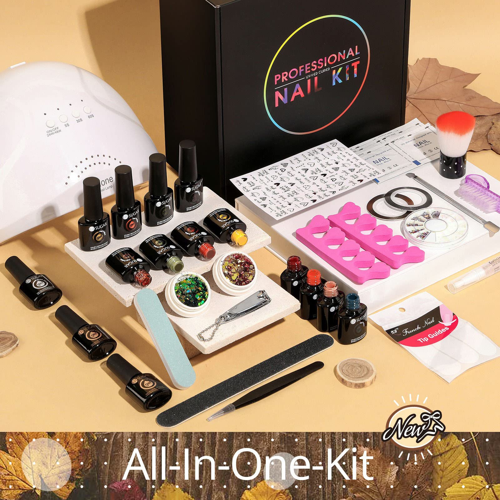 UR SUGAR Set Starterset mit Lampe 48W, 12 Farben UV Nagellack Herbst Braun Gelnägel Starterset mit Base und Top Matte Coat Gel Nagellack Nagelstudio Maniküre Geschenkset