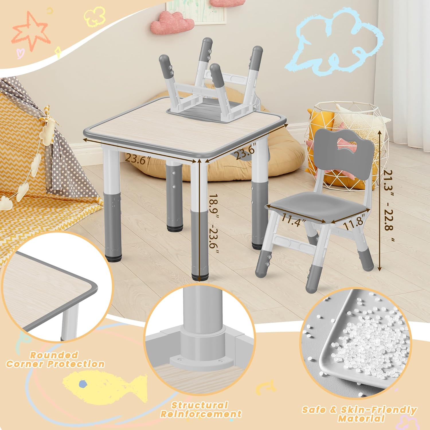 Kids Table and Chairs Set - 23.6" L x 23.6" W Height Adjustable Toddler Desk, Non-Slip Toddler Table with Graffiti Desktop for Ages 2-8, for Home Preschool Classroom Daycare, Grey