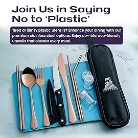 Taplord Portable Travel Silverware Set With Case, Includes 10 Pcs of Travel Utensils With Case, Stainless Steel Flatware Set For Camping, Lightweight (Rose Gold)