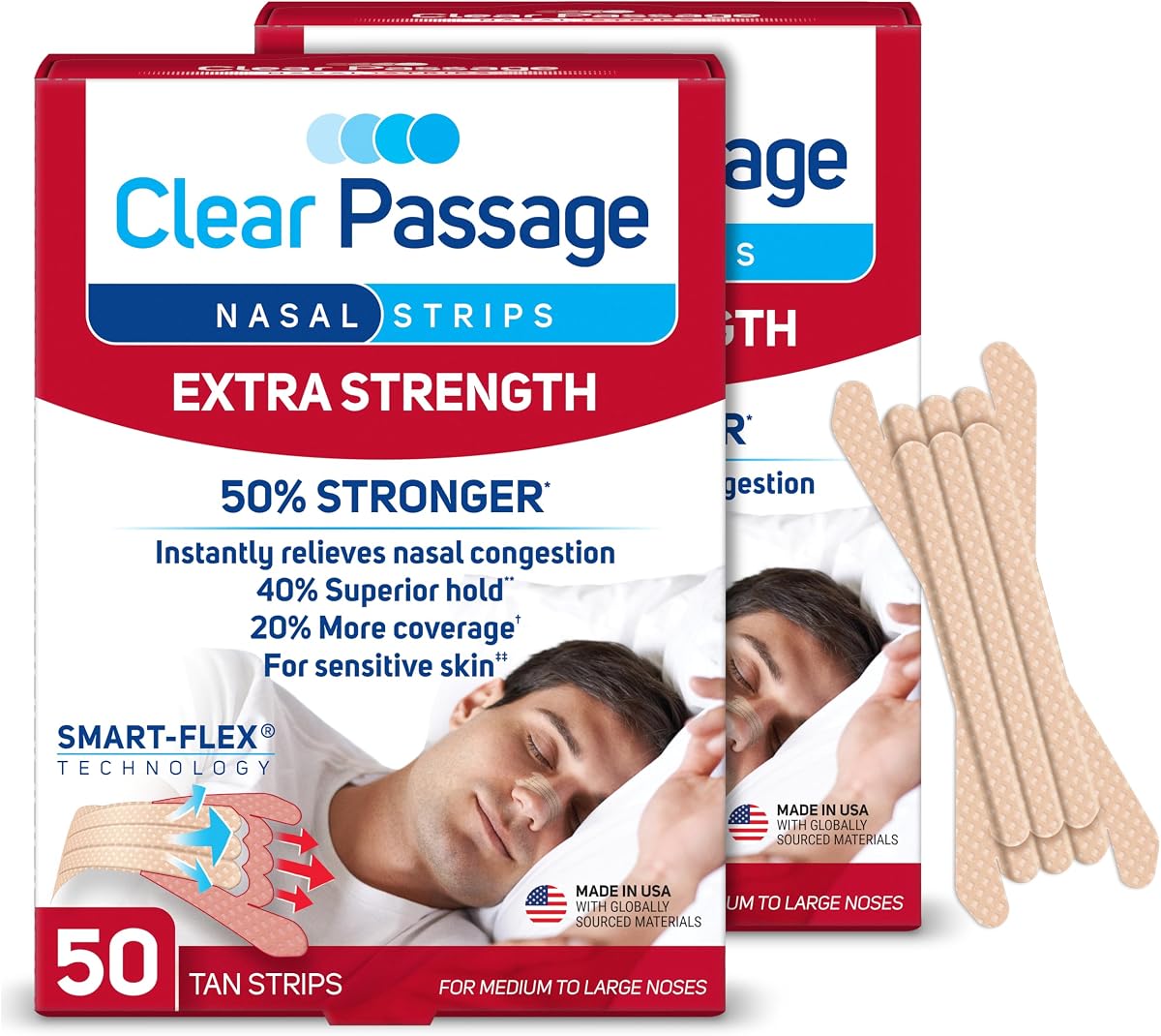 Tiras nasales Clear Passage, bronceado extrafuerte, 100 unidades | Funciona instantáneamente para abrir las fosas nasales, mejorar el sueño, reducir los ronquidos y aliviar la congestión nasal debido a resfriados y alergias.