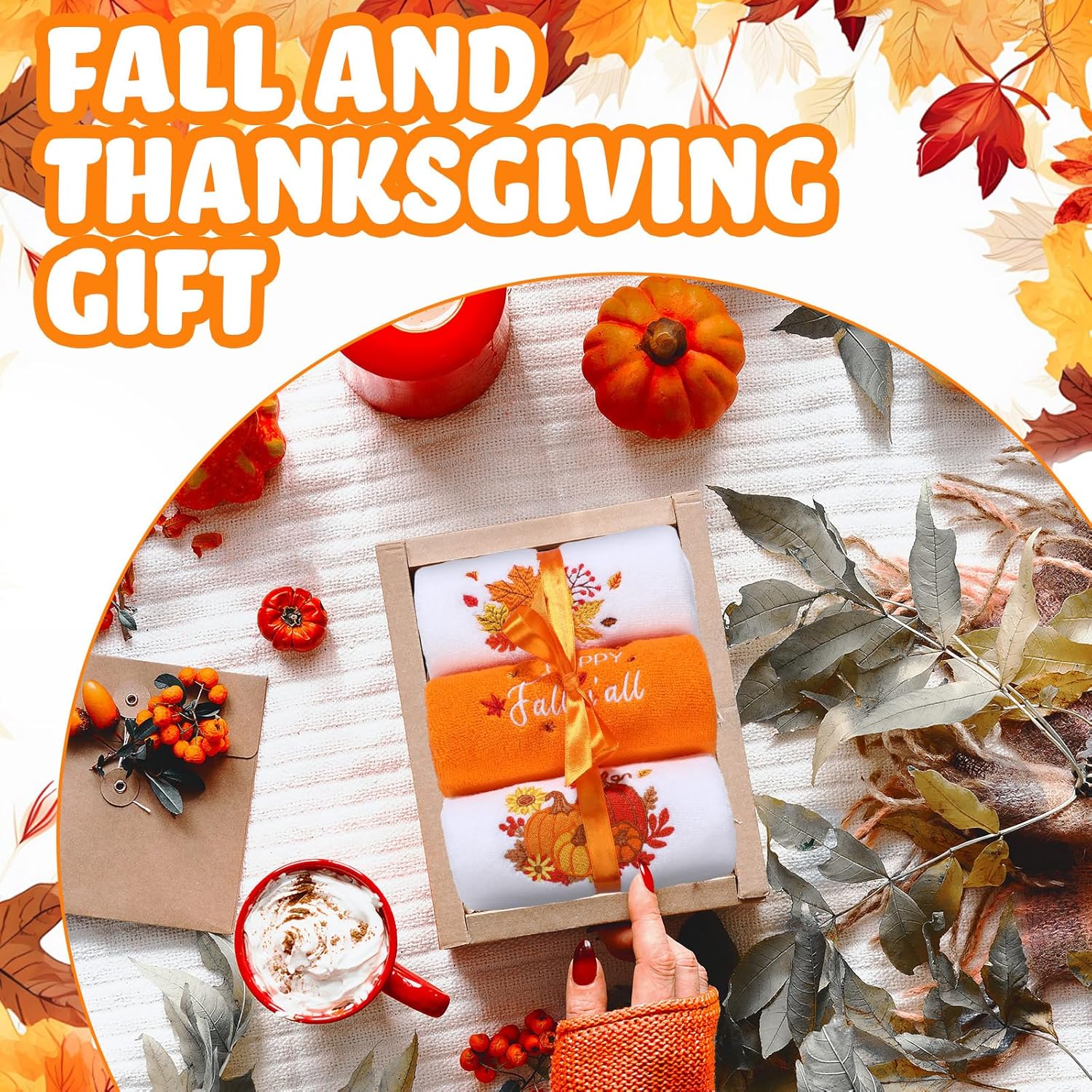 Oudain 3 Pcs Thanksgiving Hand Towels for Bathroom Cotton Embroidered 14'' x 29'' Fall Towels Bathroom Decorations Set Pumpkins Fall Leaf Fingertip Towel Thanksgiving Autumn Party Supplies(Classic) - Image 5