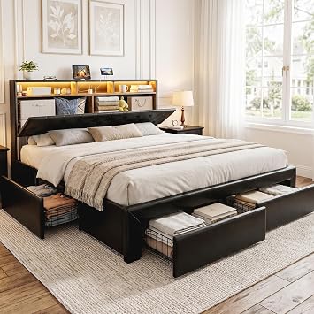 IKIFLY King Bed Frame with Hidden Storage Headboard & 4 Drawers, Black | Upholstered King Size Platform Bed with LED Lights & Charging Station, Solid Wood Slats Up to 1000 LBS, No Box Spring Needed