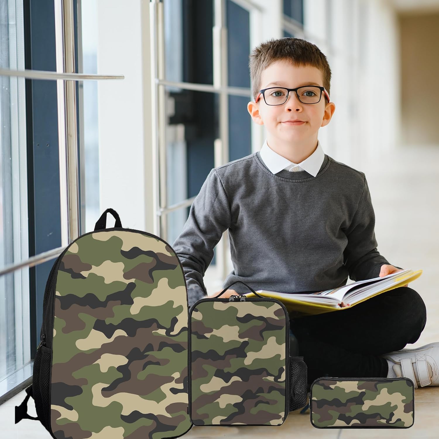 3PCS Camo Backpack Set for Boys, Lightweight Large Backpack with Lunch Box & Pencil Case, Camouflage Bookbag for Kids, Back to School Backpacks for Elementary & Middle School