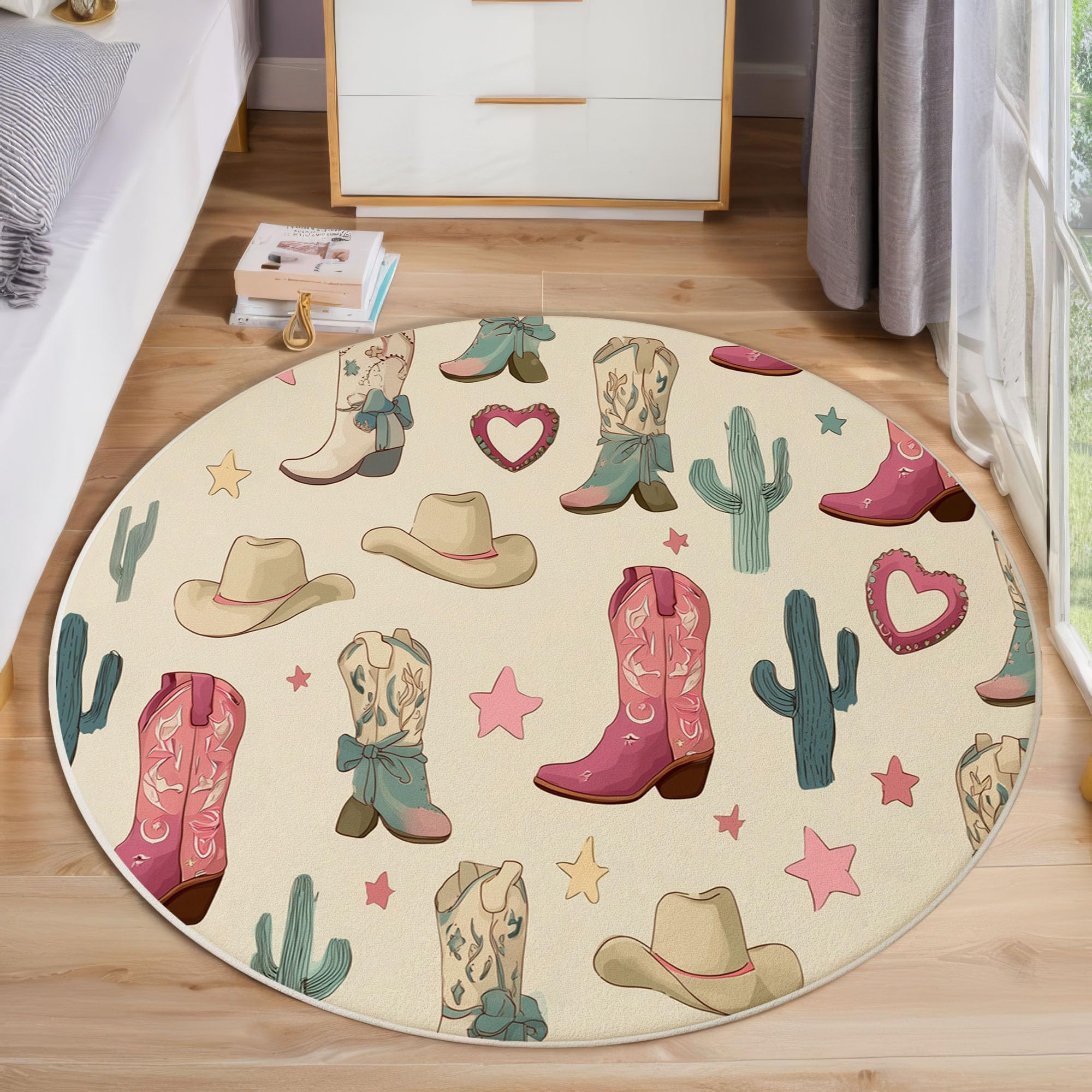 Tapis de chambre rond beige pour enfant style cowboy et cactus western