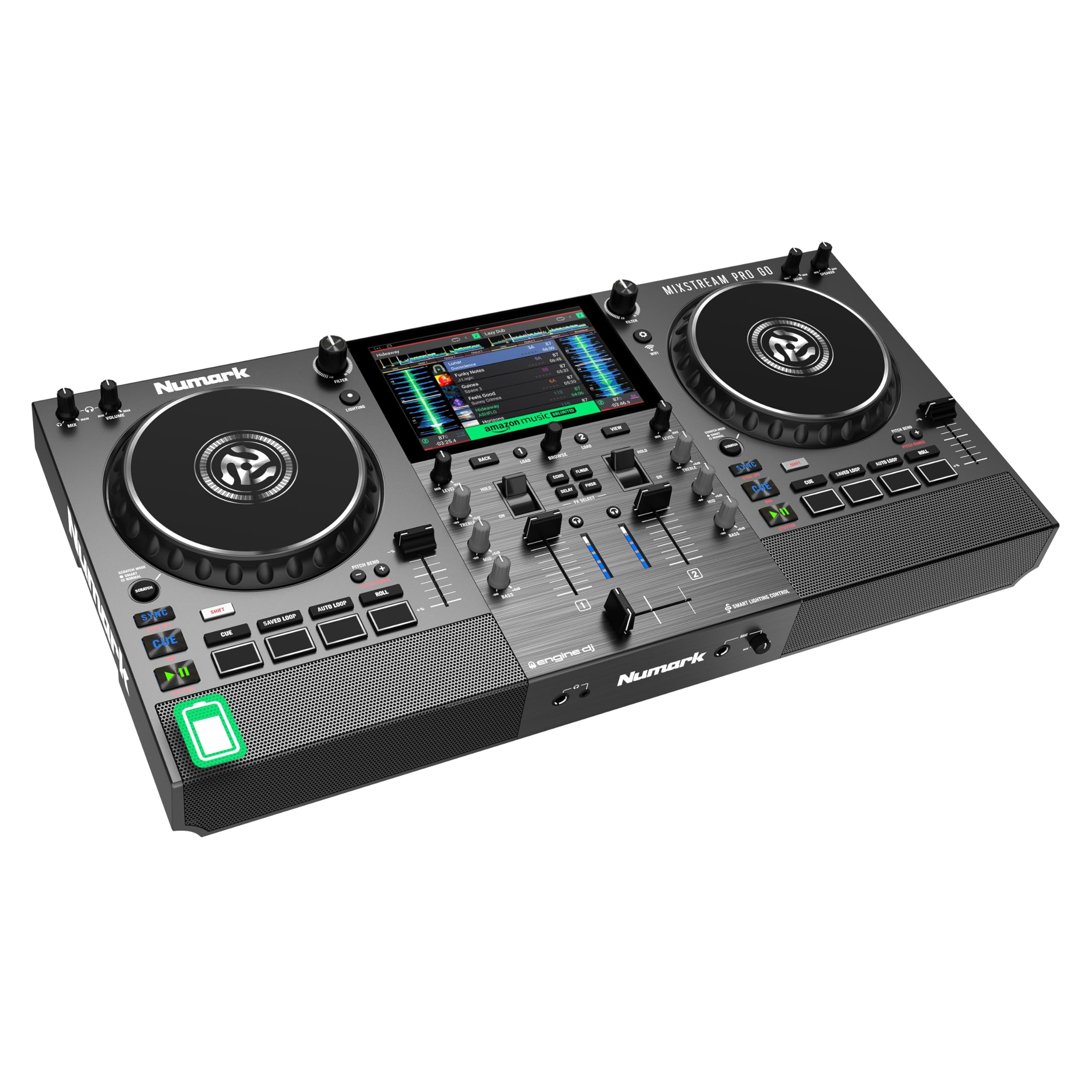Numark Mixstream Pro Go Tragbarer DJ-Controller mit Akku, Mixer mit Stem-Trennung, Lautsprecher, WLAN-Streaming, Touchscreen, kompatibel mit Serato DJ