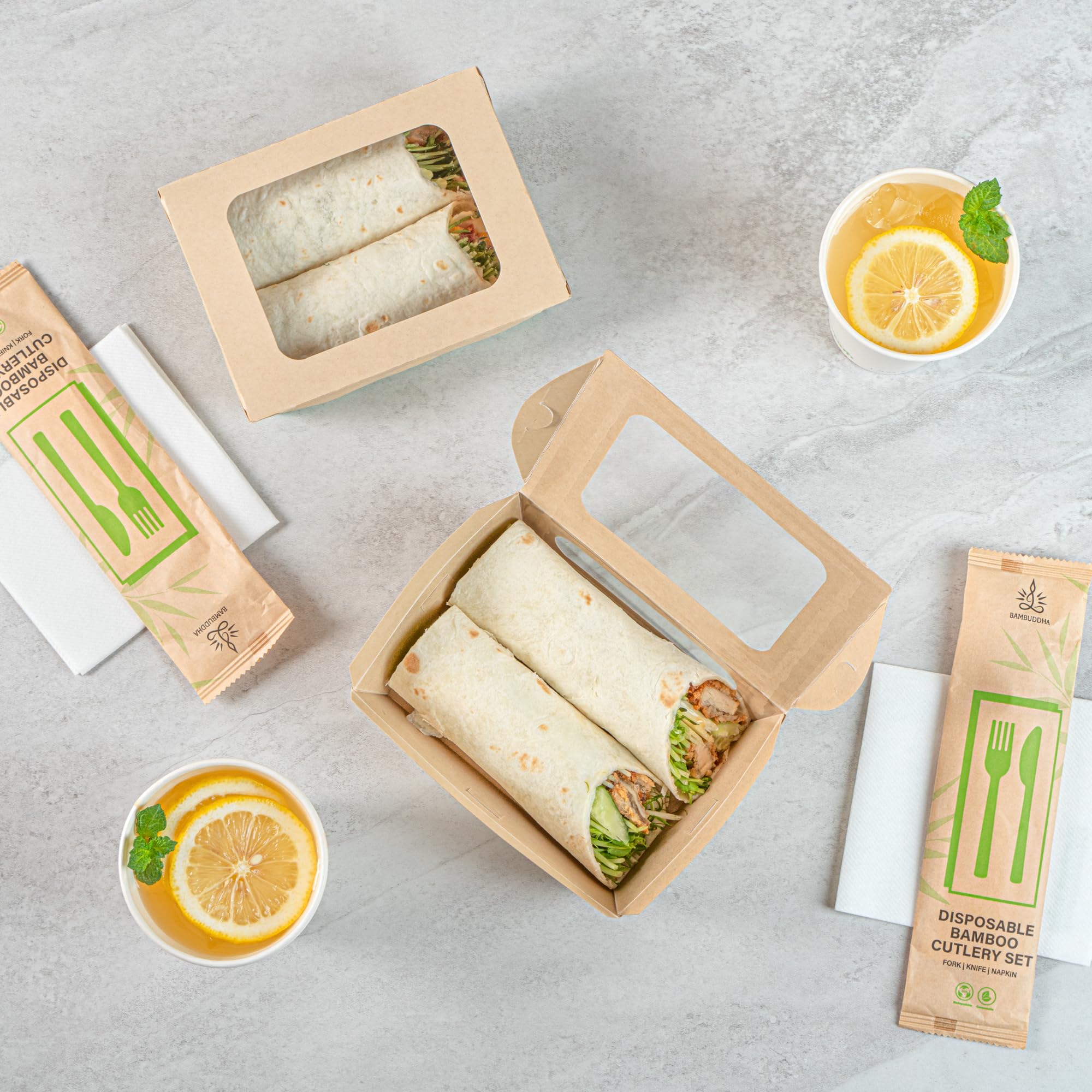 Restaurantware - Cajas de papel resistentes de 28 onzas, 50 recipientes desechables para alimentos, con forro de ácido poliláctico, dos ventanas transparentes de ácido poliláctico, contenedores de