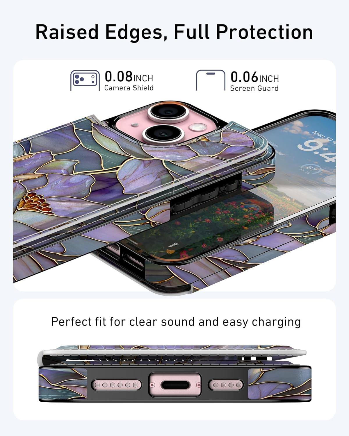 Goodon for iPhone 14 Wallet Case with Card Holder,RFID-Blocking,Aesthetic Vintage Floral Girly Shell,Trendy Unique Cool Retro Protective Phone Cover for Women Girls - Fancy Purple Lotus - Image 8