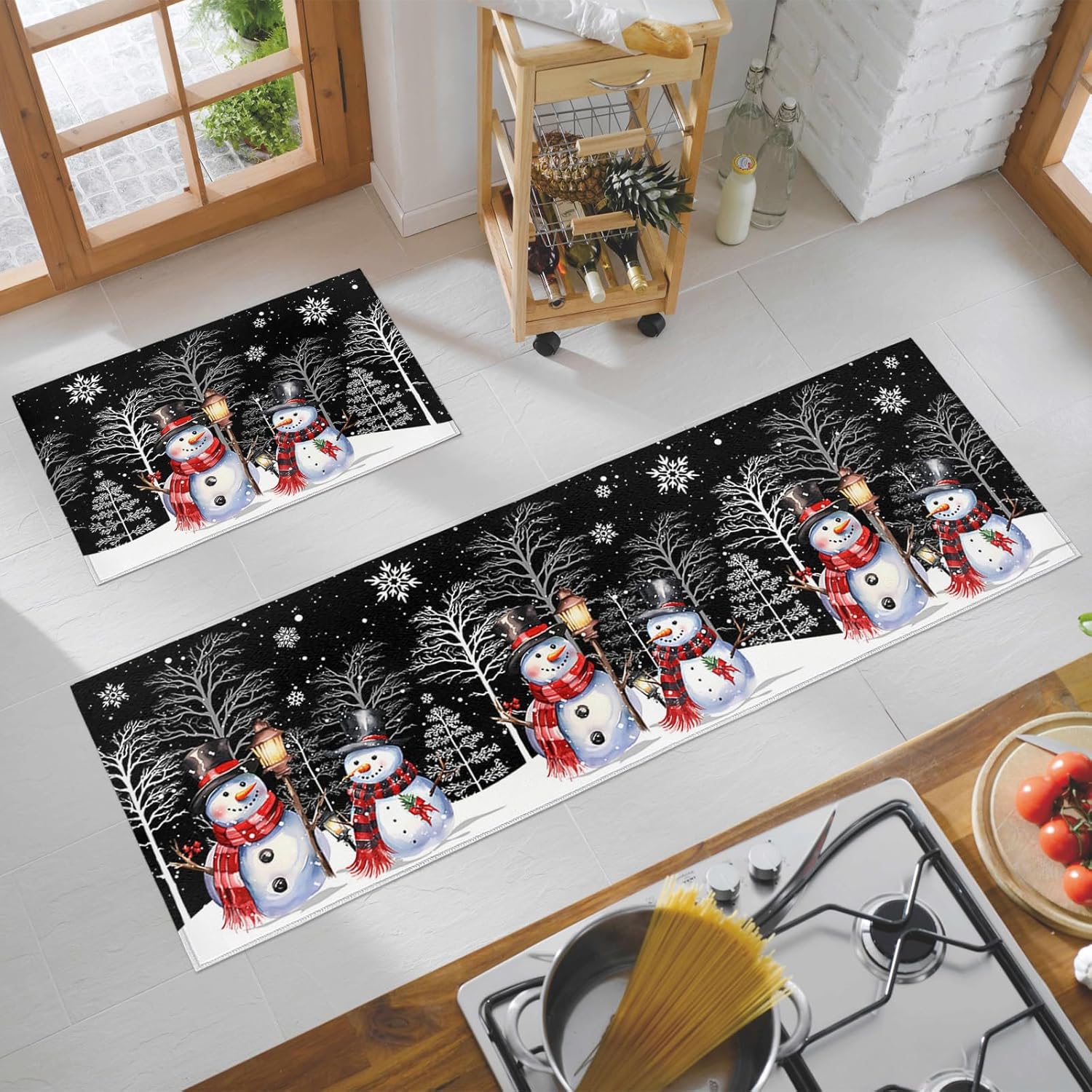 2 Pieces Kitchen Rugs and Mats Cartoon Snowman Christmas Tree Black Area Runner Rug Set Non Slip Floor Doormat Washable Carpet Standing Mat for Kitchen Sink Indoor Corridor Sketch Winter Snow Scene