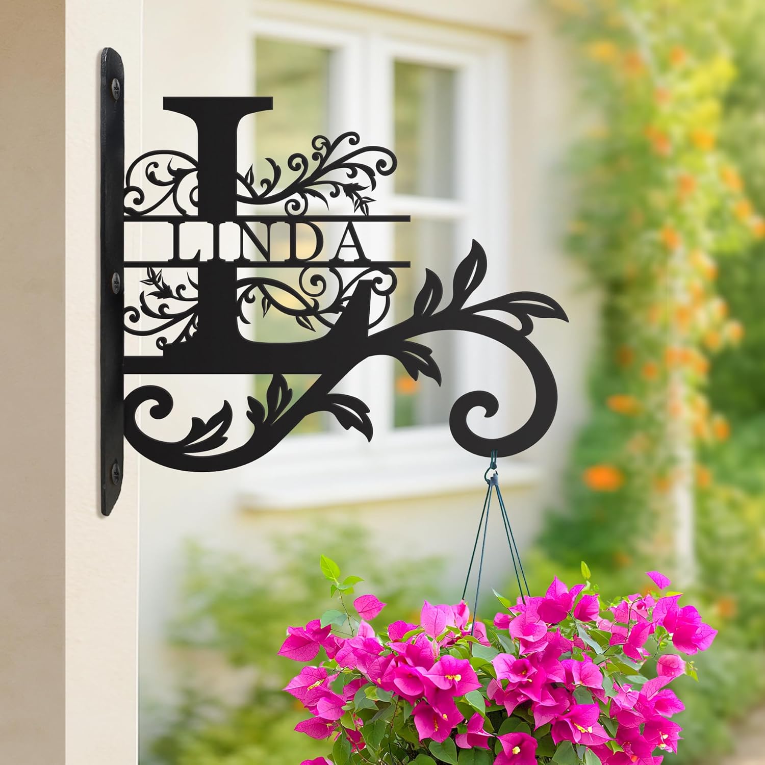Personalized Metal Plant Hanger Outdoor and Indoor Decor, Custom Hanging Plants Bracket, Plant Hooks for Bird Feeder, Wind Chime, Flower Baskets, Hanging Plant Hooks (Flowers)