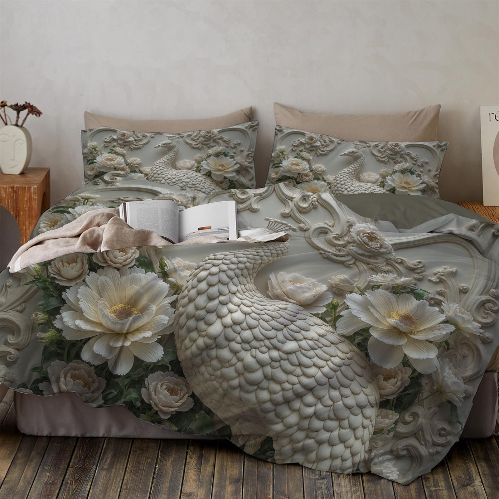 Copripiumino Matrimoniale Pavone Elegante Fiori, Set di Biancheria da Letto Effetto Rilievo Visivo Barocco Rilievo, Copri Piumino 220x240cm con 2 Federe 50x75 cm, Microfibra Morbida Lavabile, Bianco