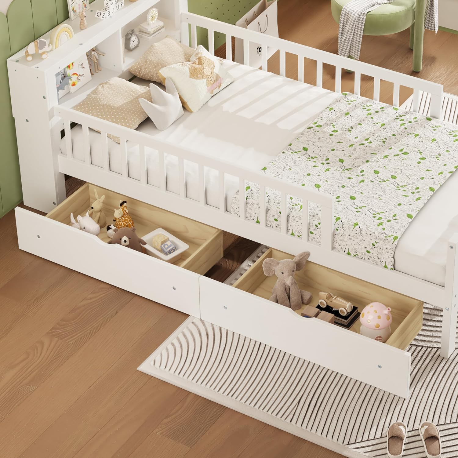 Kids Twin Size Bed Frame with Storage Drawers and Bookcase,Wood Twin Bed Frames for Kids,Twin Bed Frame with Headboard and Footboard for Boys Girls,No Box Spring Needed,White