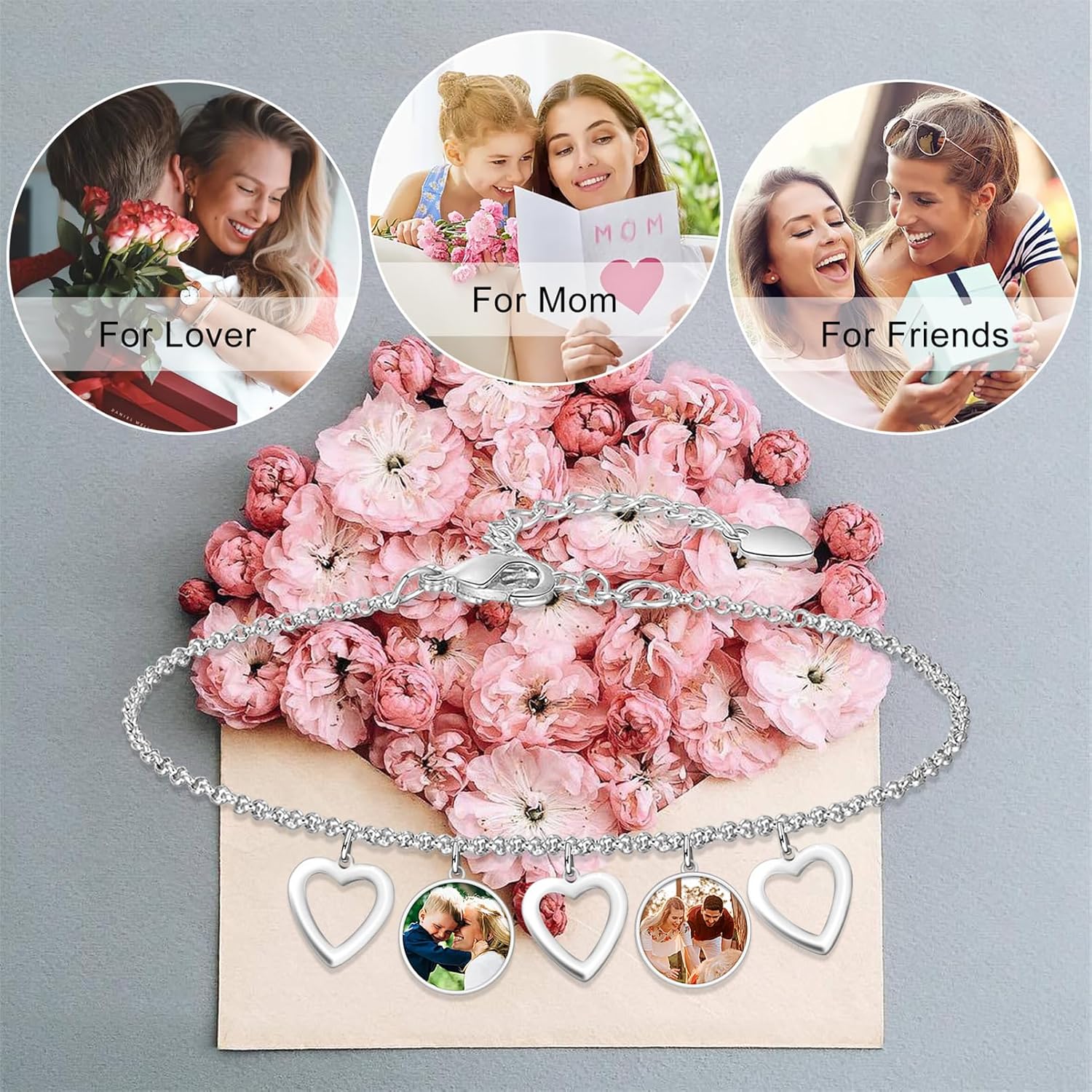 BABOOM Personalized Picture Bracelet for Women Customized 1-7 Photo Bracelets Family Memorial Pictures Bracelet with Name Gift for Mother Wife Friend