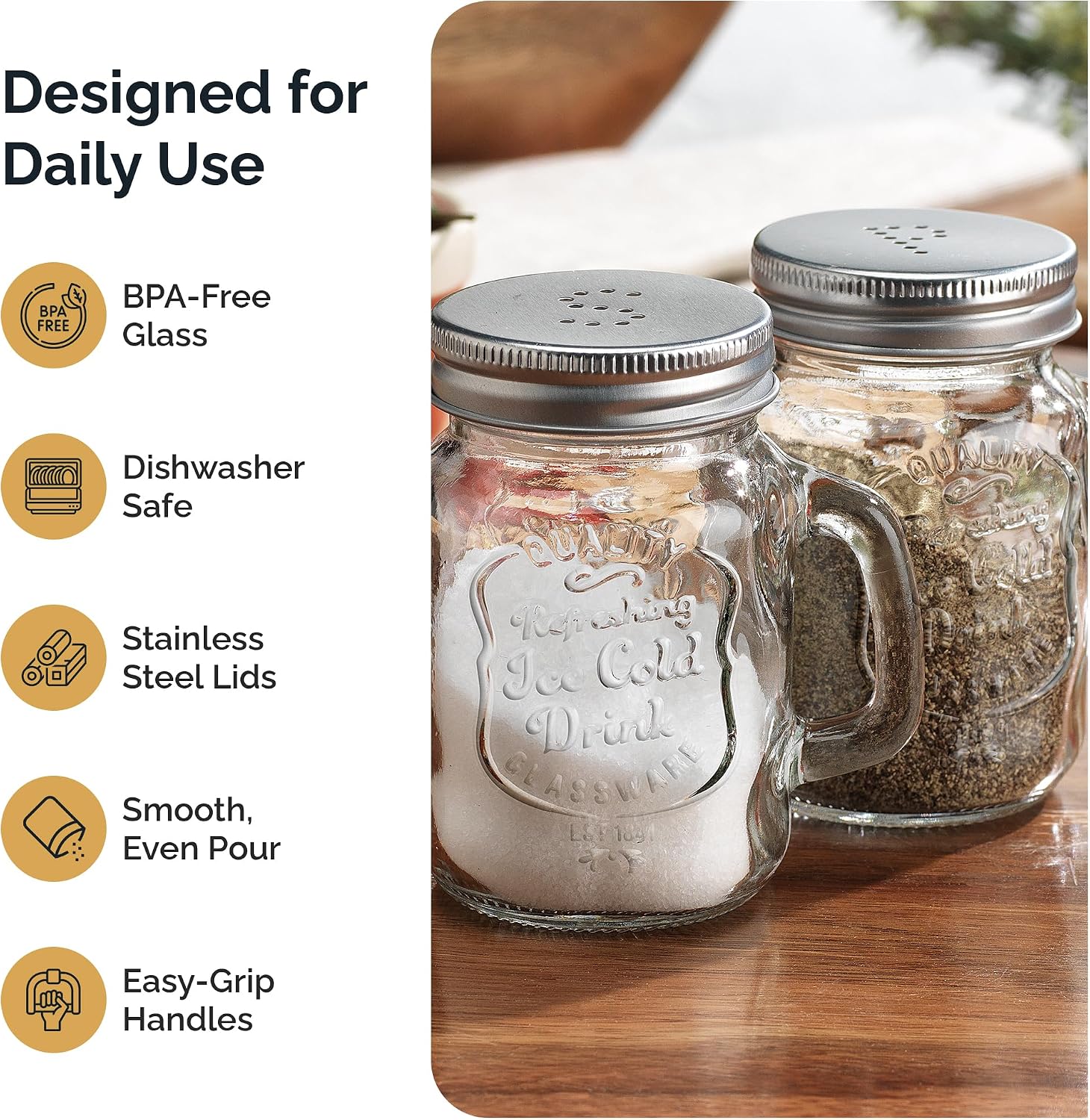 Salt and Pepper Shakers Set – Mason Jar Salt and Pepper Shakers with Stainless Steel Lids & Handles, Clear Glass Farmhouse Kitchen Decor, BPA Free, 5 oz Each, Perfect Pour for Home & Restaurant Use