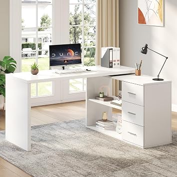 HSH L Shaped Office Desk with Drawers Shelves 55-76 Inch, Corner Computer Desk with Storage 360 Rotating Long for Work, Executive, Study, Writing, Teacher, Bedroom Modern Gaming Table White