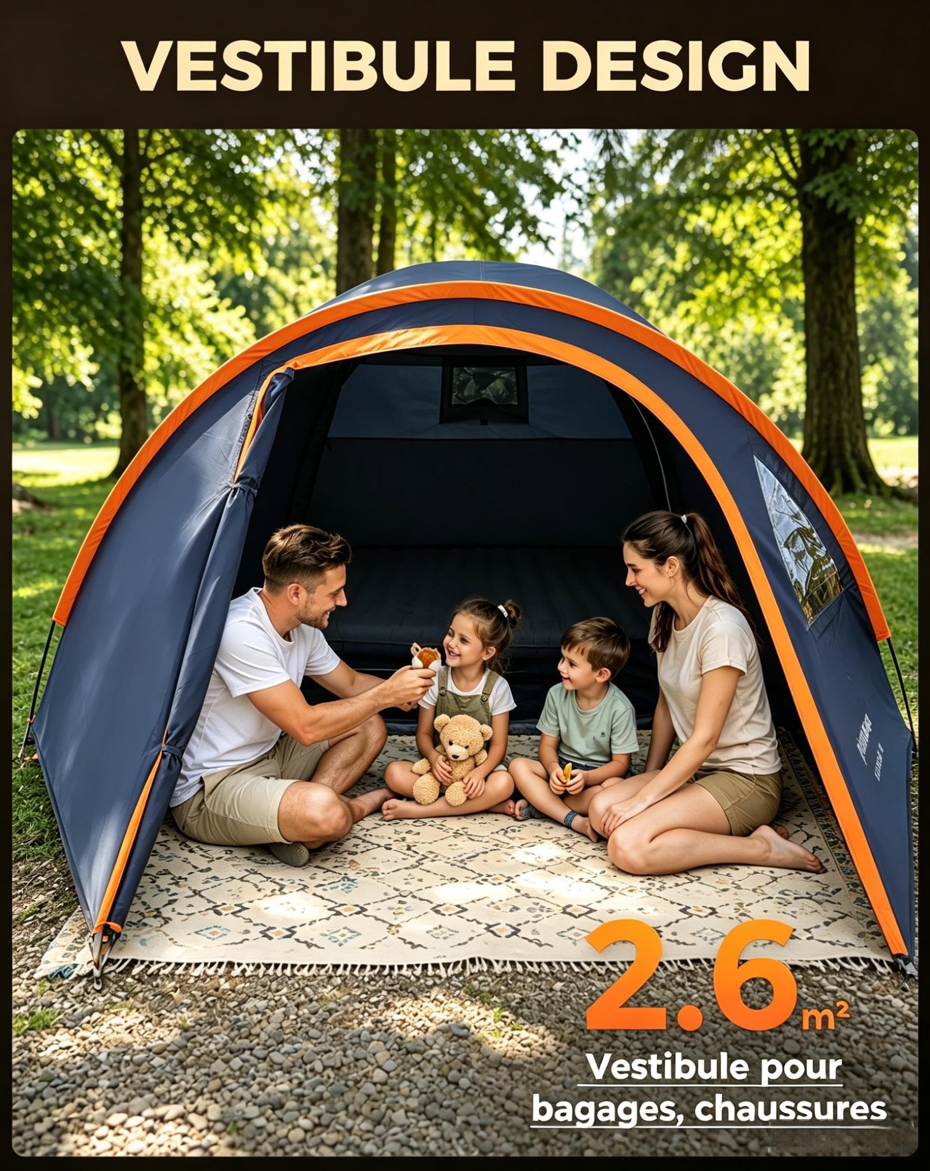 KingCamp Tente de Camping 3 à 4 Personnes avec Auvent, Imperméable 3000 mm | Tente Double Couche avec Fenêtres PVC,Port E, Vestibule de Rangement, Montage Rapide en 10 Min pour Festival, Week-end,Jardin