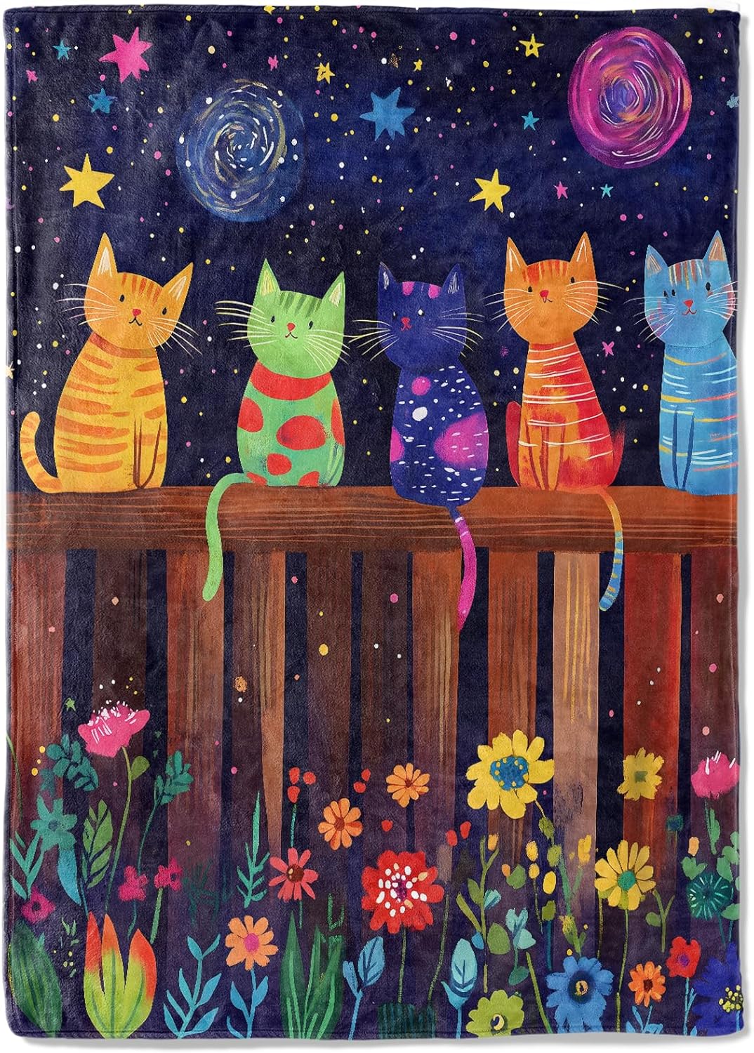 Colorful Cat Fleece Blanket - 60x80in Kitten Starry Night Sky and Flower Garden Throw Blankets,Soft Cozy Lightweight, Ideal for Living Room Home Decor and Kids Women Girls Spring Gifts