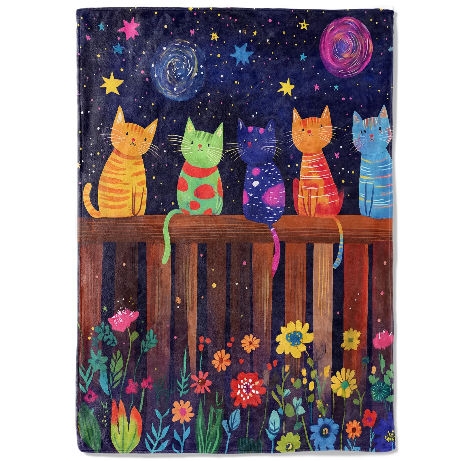 coedoaes Colorful Cat Fleece Blanket - 50x60in Kitten Starry Night Sky and Flower Garden Throw Blankets,Soft Cozy Lightweight, Ideal for Living Room