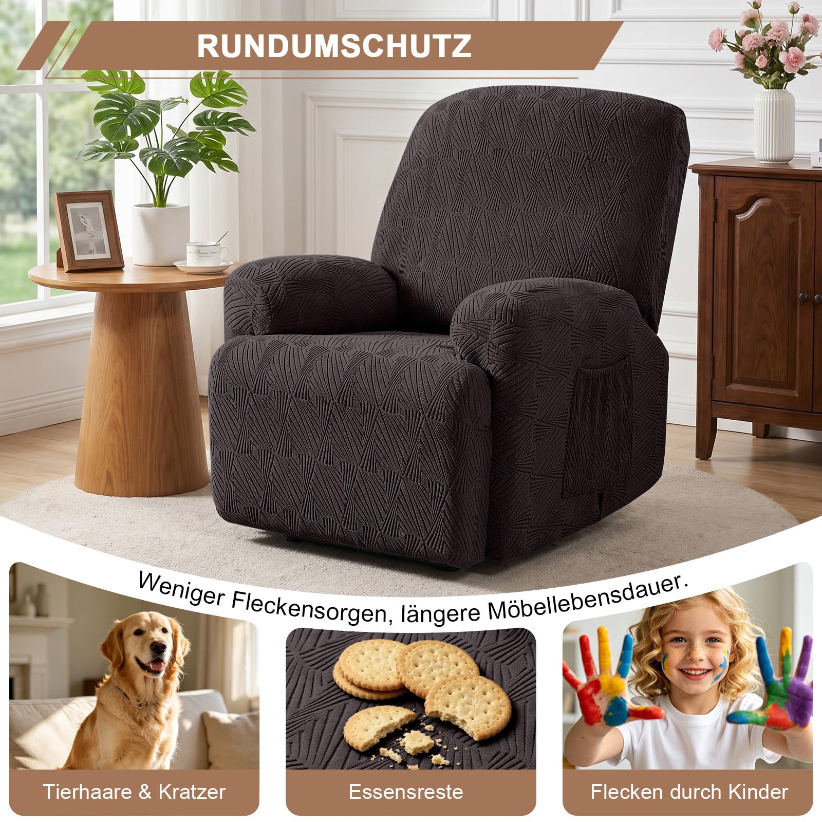 TAOCOCO Stretch Sesselschoner für Relaxsessel mit Armlehnen, Jacquard Sesselüberzug für Fernsehsessel, weich und waschbar Sesselbezug für Haushalte mit Kindern und Haustieren (1-Sitzer, Schokolade)
