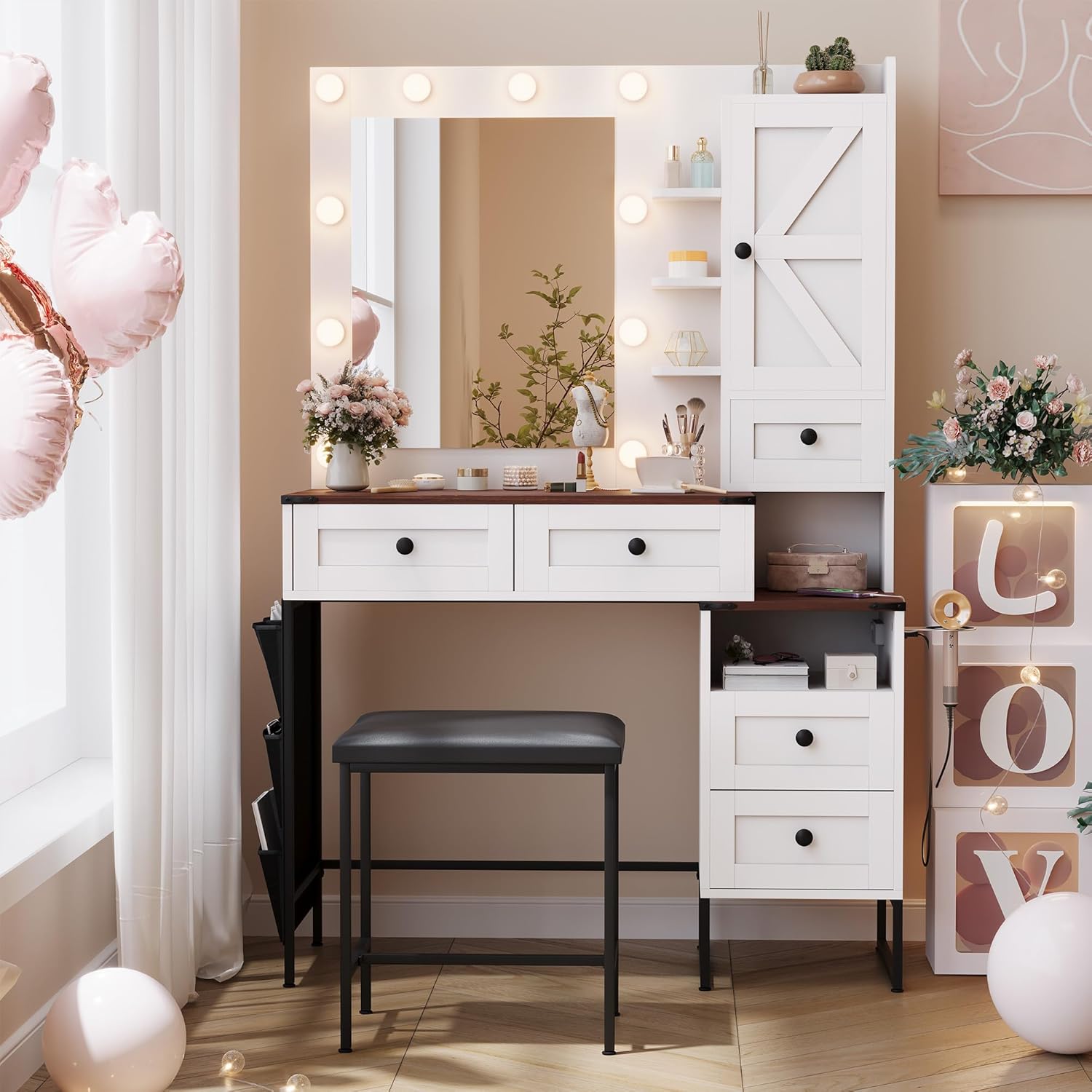 YIKEHOME Farmhouse Vanity Desk with Mirror, 39" W Makeup Vanity Set with with 3-Colour Hollywood Brighter Bulbs and Comfortable Bench, Big Dressing Table for Makeup, Modern Vanity for Bedroom