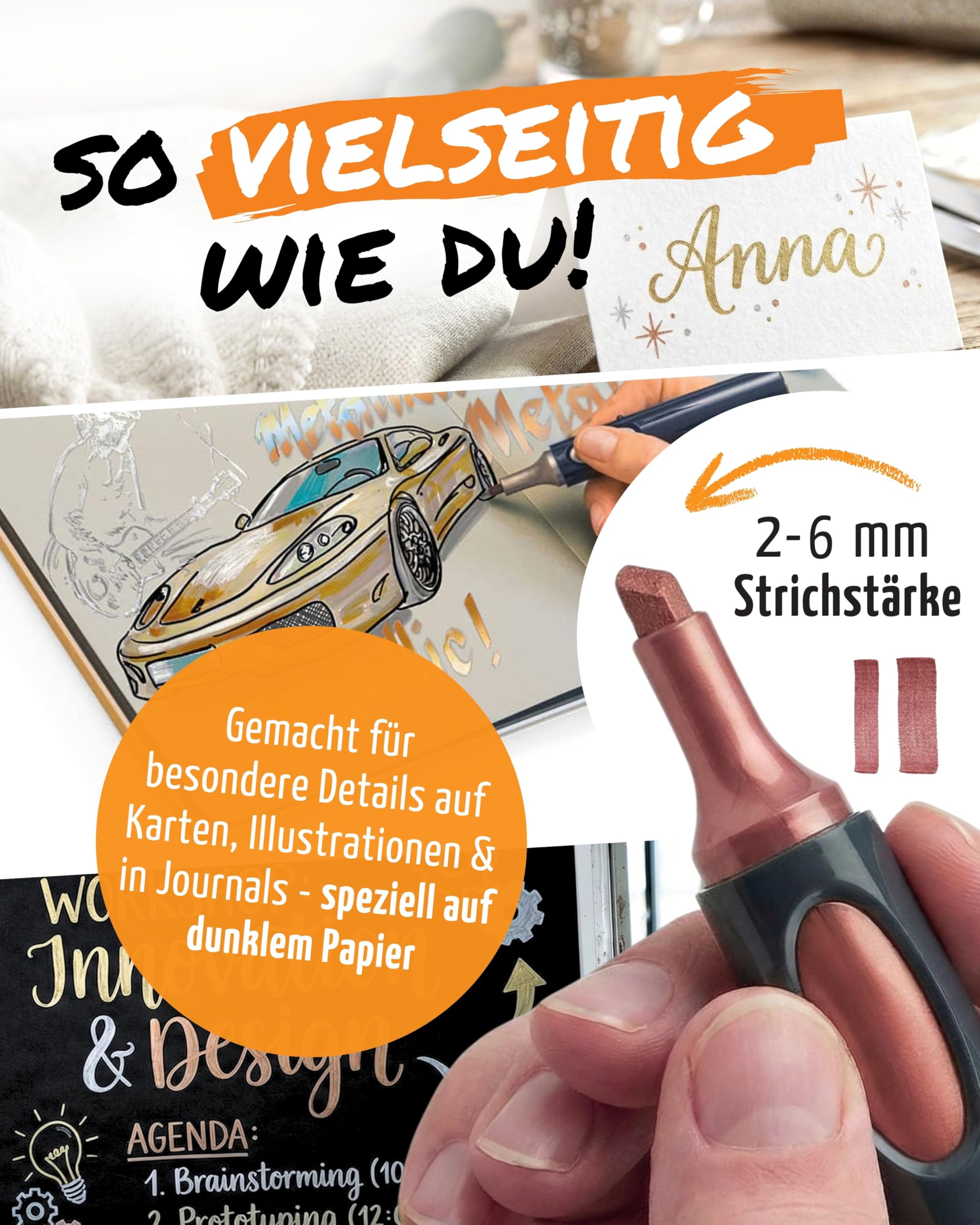 Neuland Metallic Moments Set I 5 Metallic-Marker mit Keilspitze 2-6 mm inkl. Skizzenbuch & Stiftemäppchen I Nachfüllbare, ergonomische Marker & Zubehör I Ideal für kreative Visualisierungen