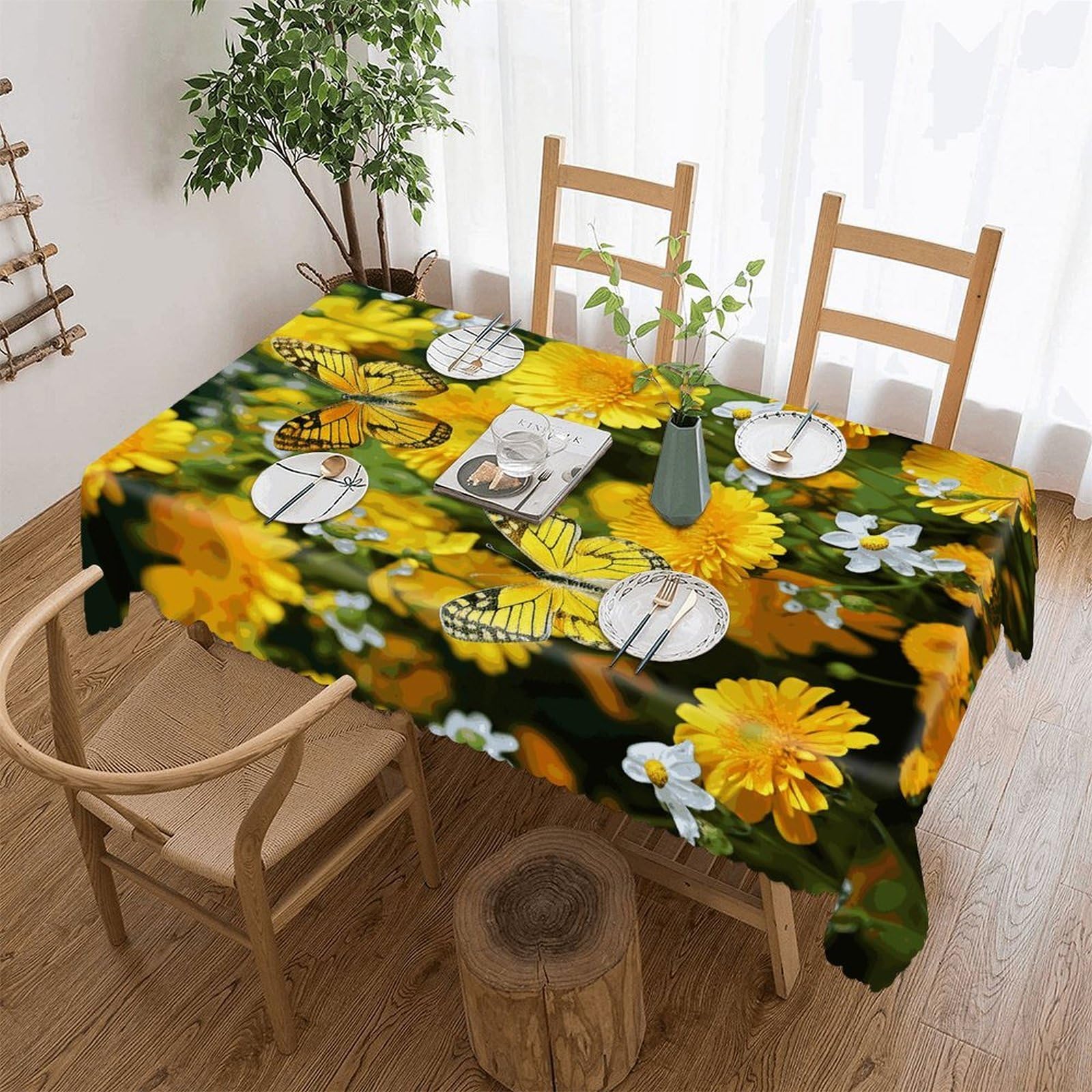 FekiLoot Yellow Butterfly and Yellow Daisies Tablecloths for Rectangle Tables Wipeable Spillproof Polyester Table Cloth Wrinkle Free Farmhouse Dining Tables Cover Elegant Vintage Decor Tablecover