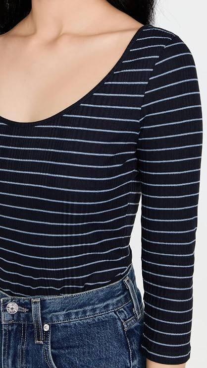 Vince Women's Striped Rib 3/4 SLV Scoop Nk