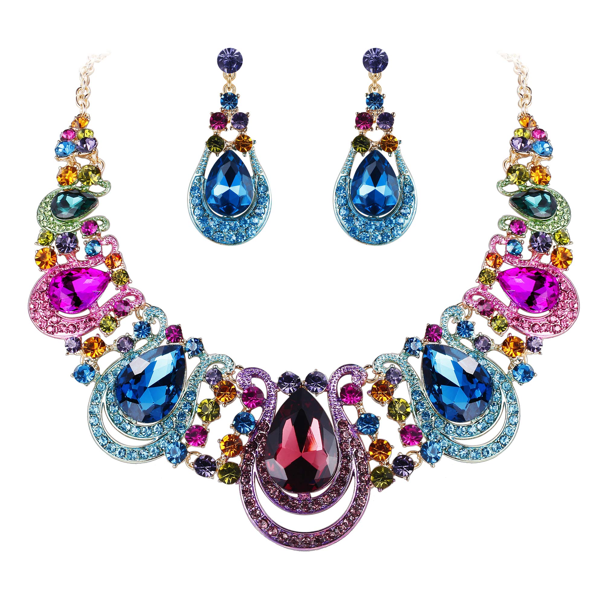 BriLoveWomen's Costume Fashion Crystal Teardrop Hollow Scroll Statement Necklace Dangle Earrings Set