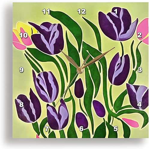 3dRose Wall Clock Silent - 15 inch - Retro Purple Tulips Abstract Art - Acrylic Art - Tulips