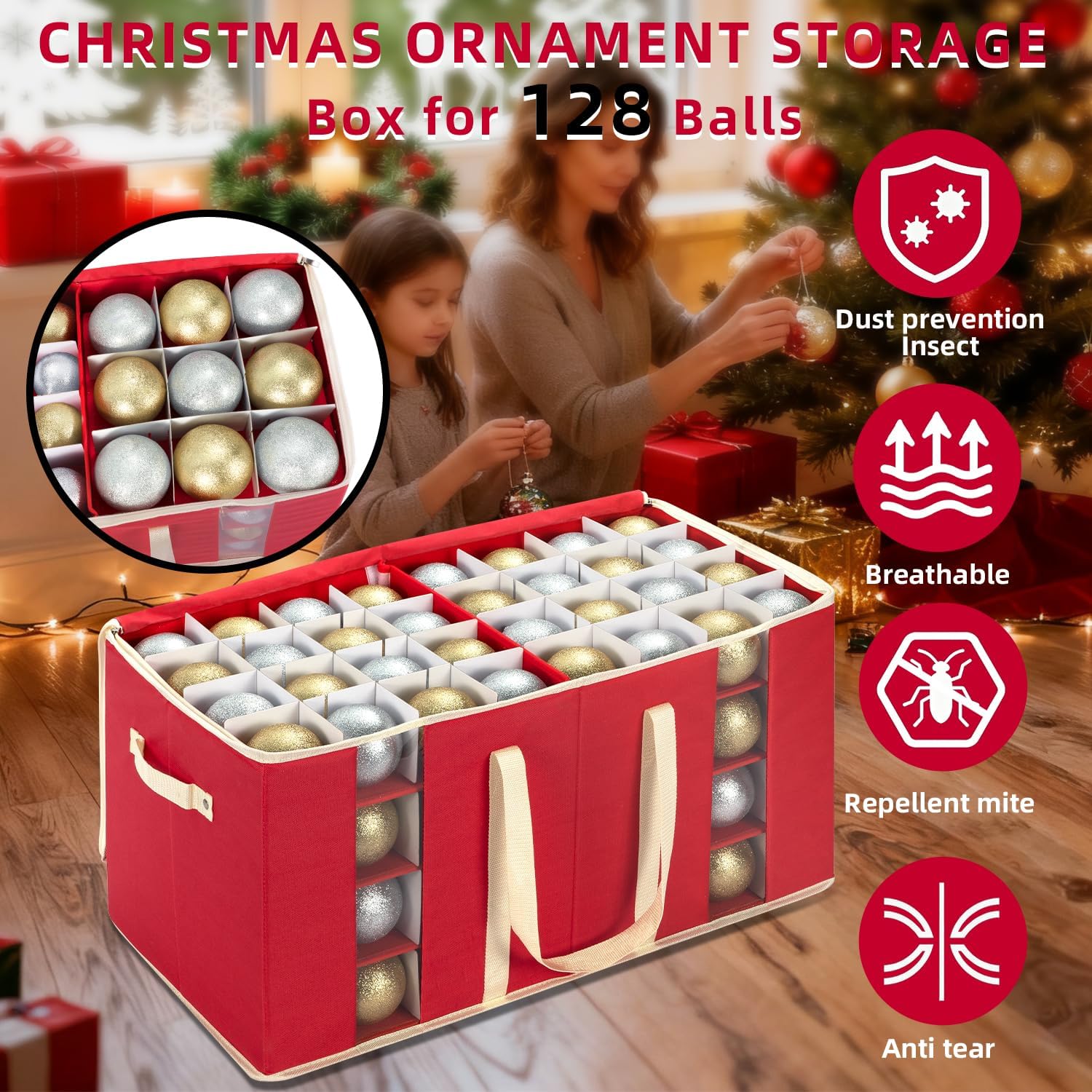 Large Christmas Ornament Storage Box With Adjustable Dividers,Ornament Storage Container with Two Handlesfor 128 Holiday Decorations,Red - Image 2