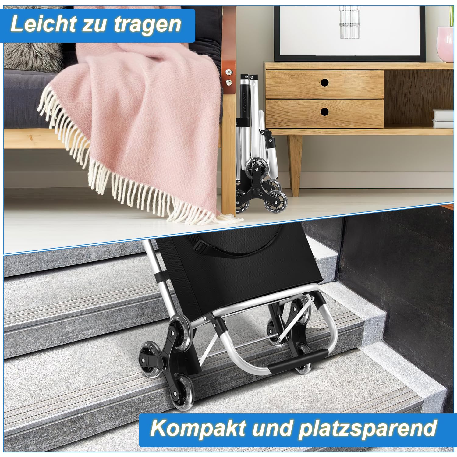 Einkaufstrolley Klappbar 40 Liter Einkaufswagen mit Kühlfach Einkaufstrolley Treppensteiger, Abnehmbare Tasche Schwarz Trolley Faltbarer Einkaufsroller Einkaufsrollwagen
