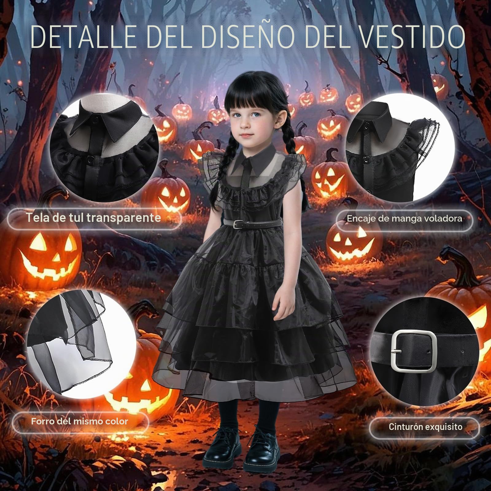 yumcute Vestido Gótico Niñas Princesa Disfraz Halloween para Niñas Vestidos para con Peluca Cinturón Calcetines Disfraz Negro Princesa Niña Halloween Carnaval Cosplay Fiesta 4-11 Años