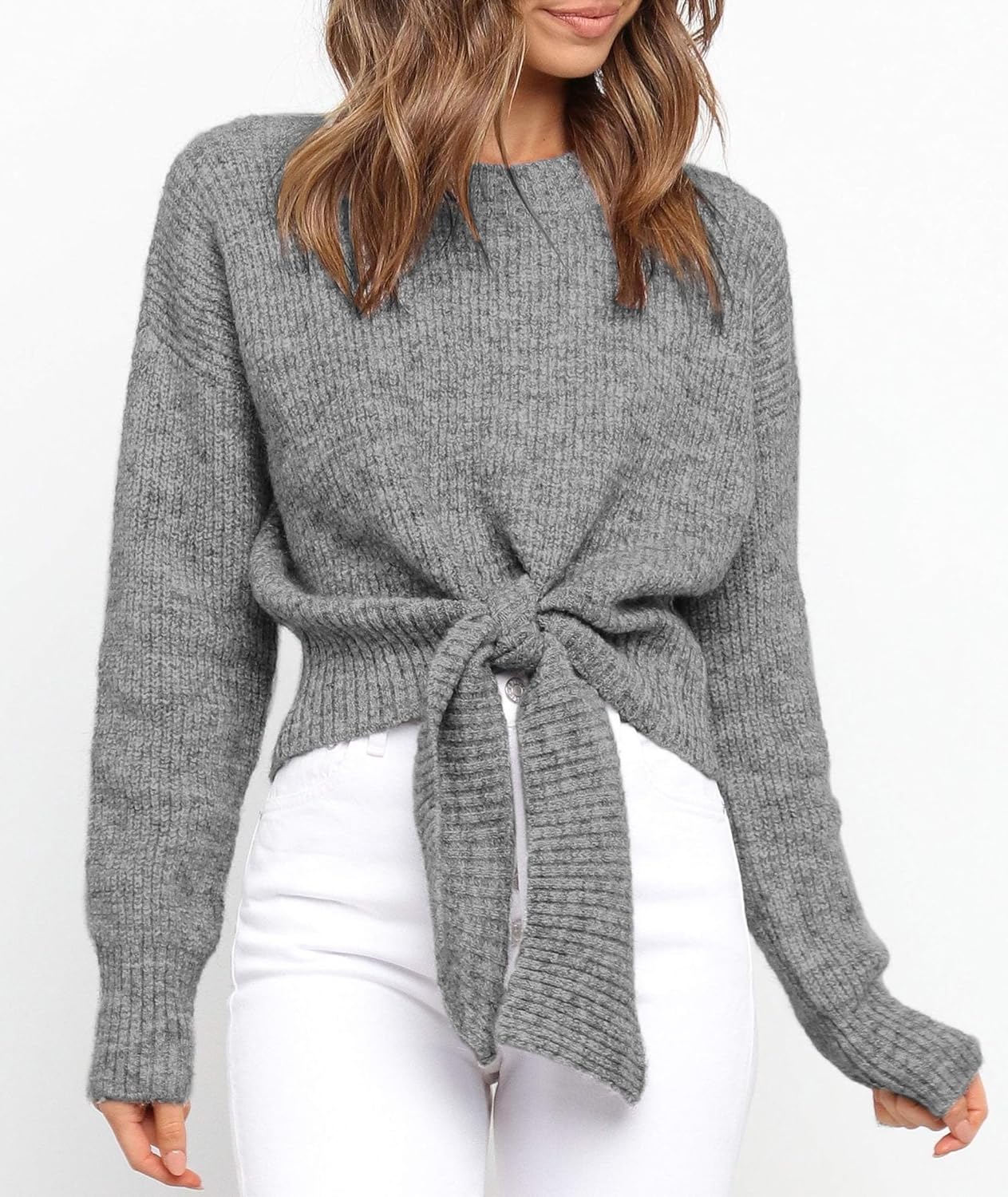 Okiwam Women's Long Sleeve Cropped Sweaters Casual Knit Pullover Tie Front Crew Neck Fall Outfits Spring Fashion Clothes 2026 - Image 4