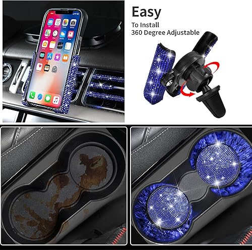 Miniatura 41 de CAR PASS - Juego accesorios de automóvil brillantes para mujer, fundas de asiento de cuero, diamantes imitación de 15 pulgadas, fundas para volante
