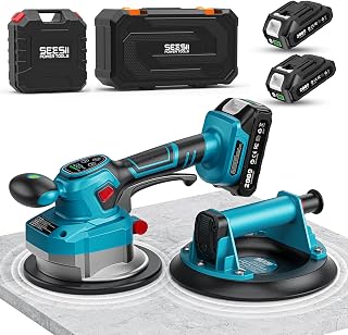 SEESII Suction Cup & Tile Vibration Tool Combo, 5.7" Tile Vibrator with 2X 2000mAh Batteries, 10 Speeds, 8" Vacuum Suction Lifte for Glass/Tile Installers, Contractors, DIYer, 440LBS Max Load