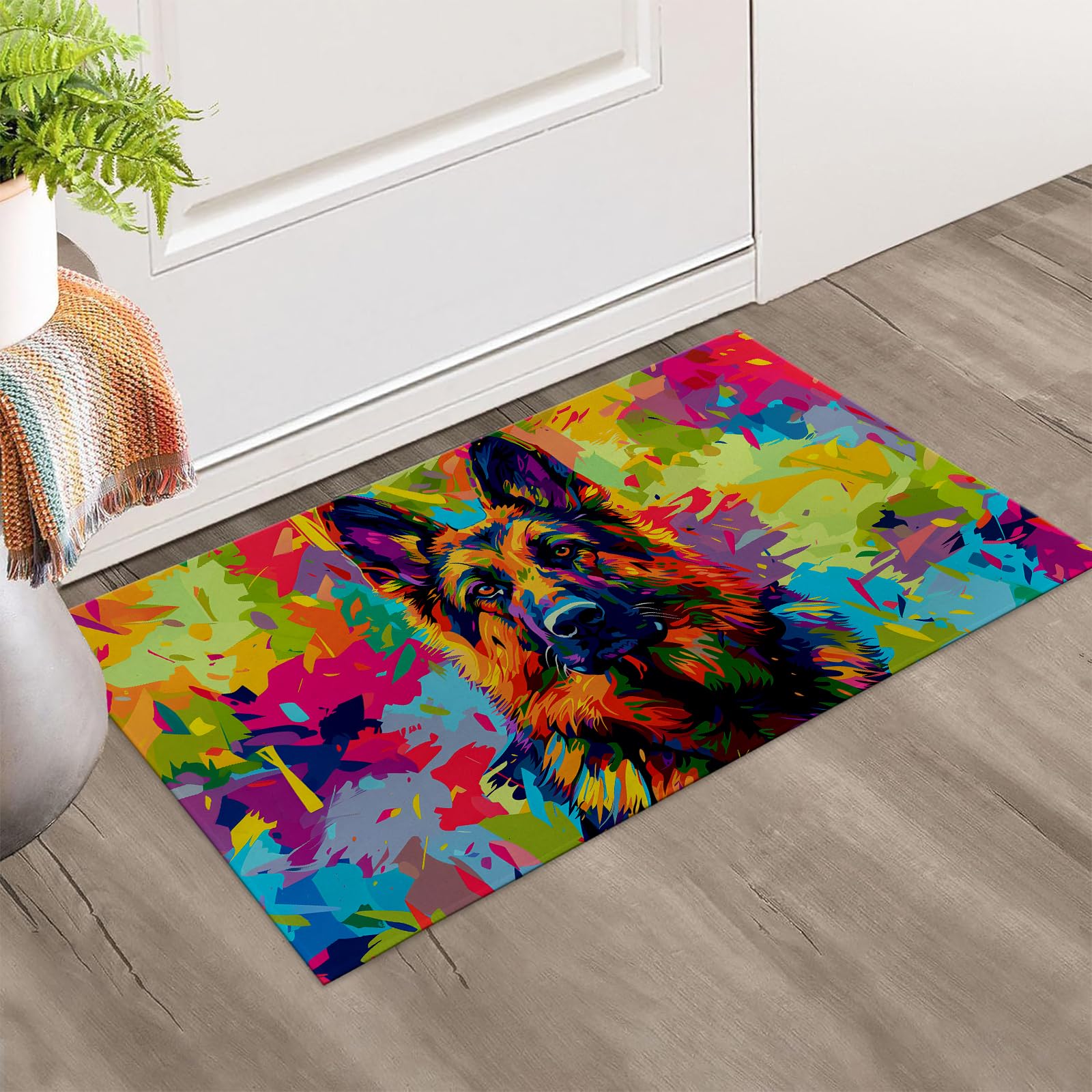 dhakalrlde Vibrant German Shepherd Indoor Door Mat, Welcome Non Slip Colorful Dog 17x29.5 in Doormat for Office, Porch, Kitchen, Bedroom, Indoor