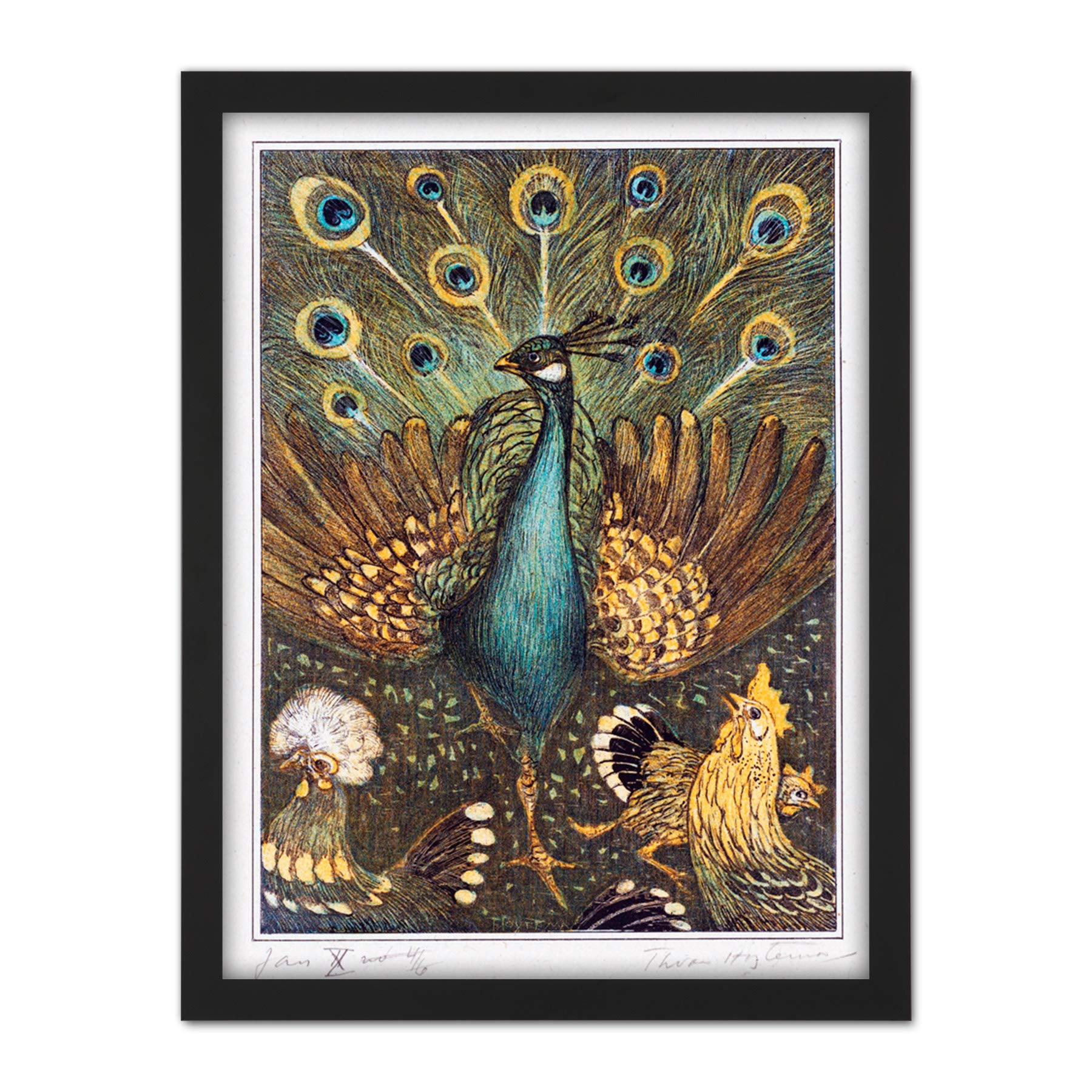 Artery8 Hoytema Peacock Chickens Birds Drawing Artwork Framed Wall Art Print 18X24 Inch
