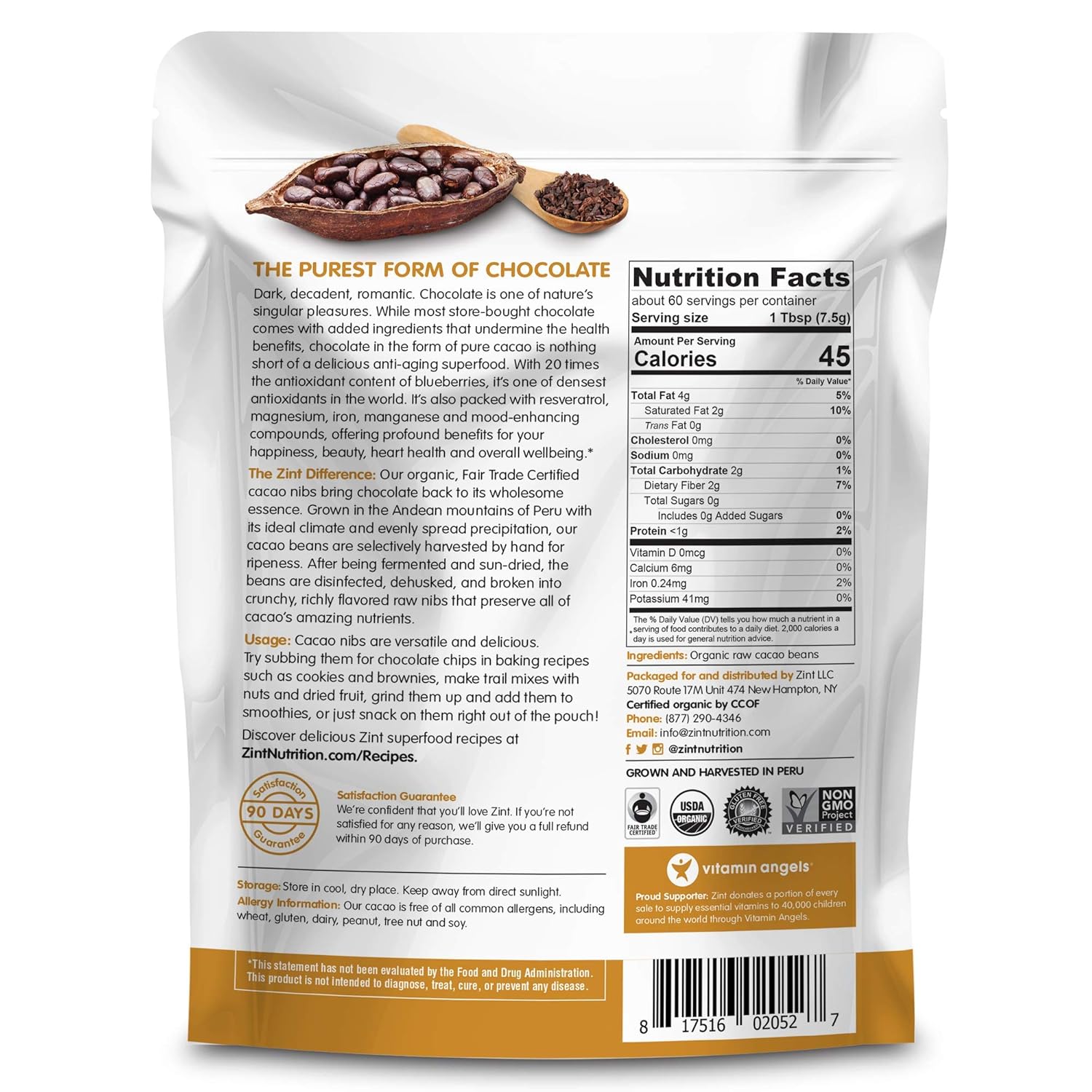 Zint Organic Cacao Nibs (32 oz): Fair Trade, Paleo-Certified, Organic, Non GMO, Anti Aging Antioxidant Superfood, Gluten Free Cocoa Cacao Beans