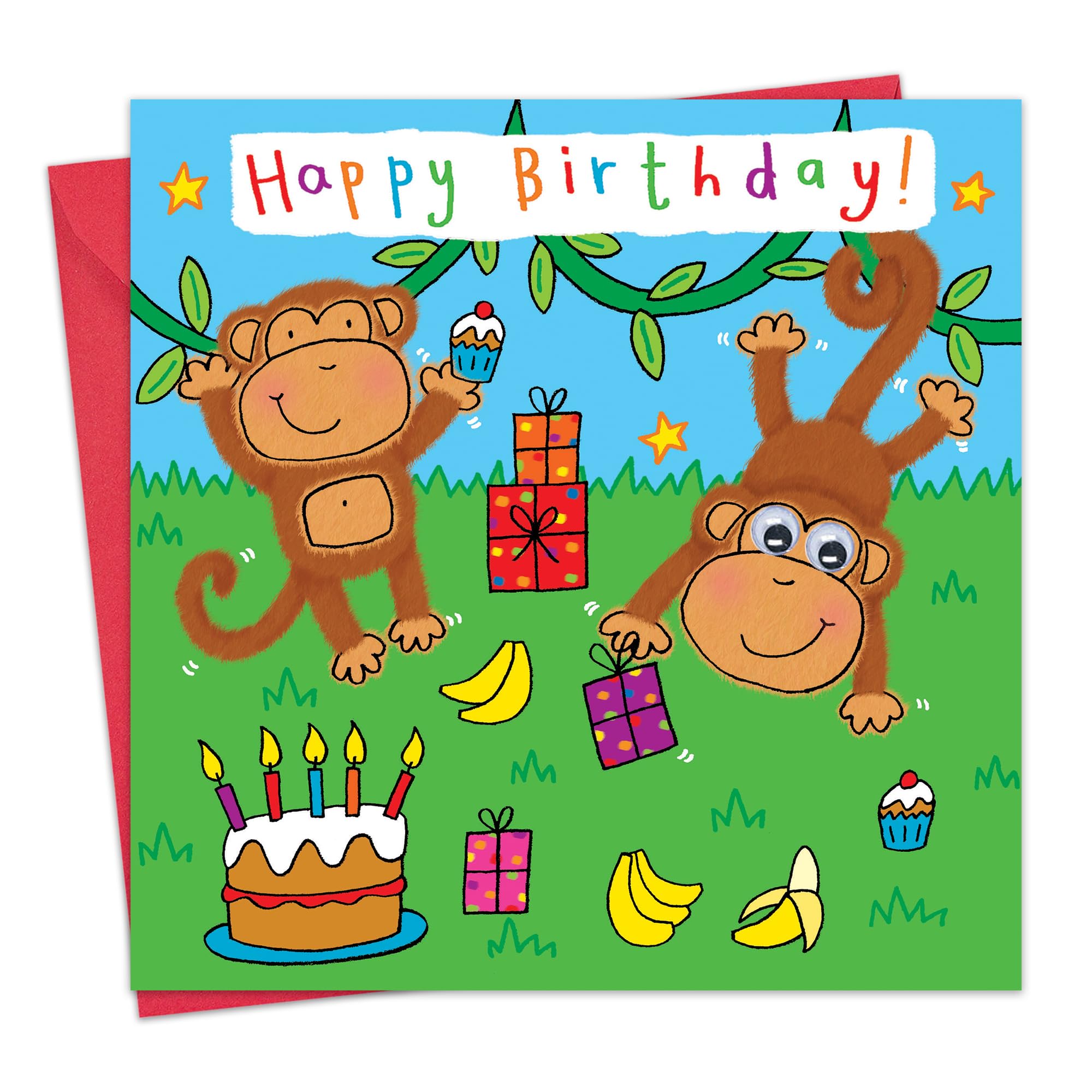Twizler Happy Birthday Card for Child with Monkey Party and Hand-Finished Googly Eyes - Childrens Birthday Card - Boys Birthday Card - Girls Birthday