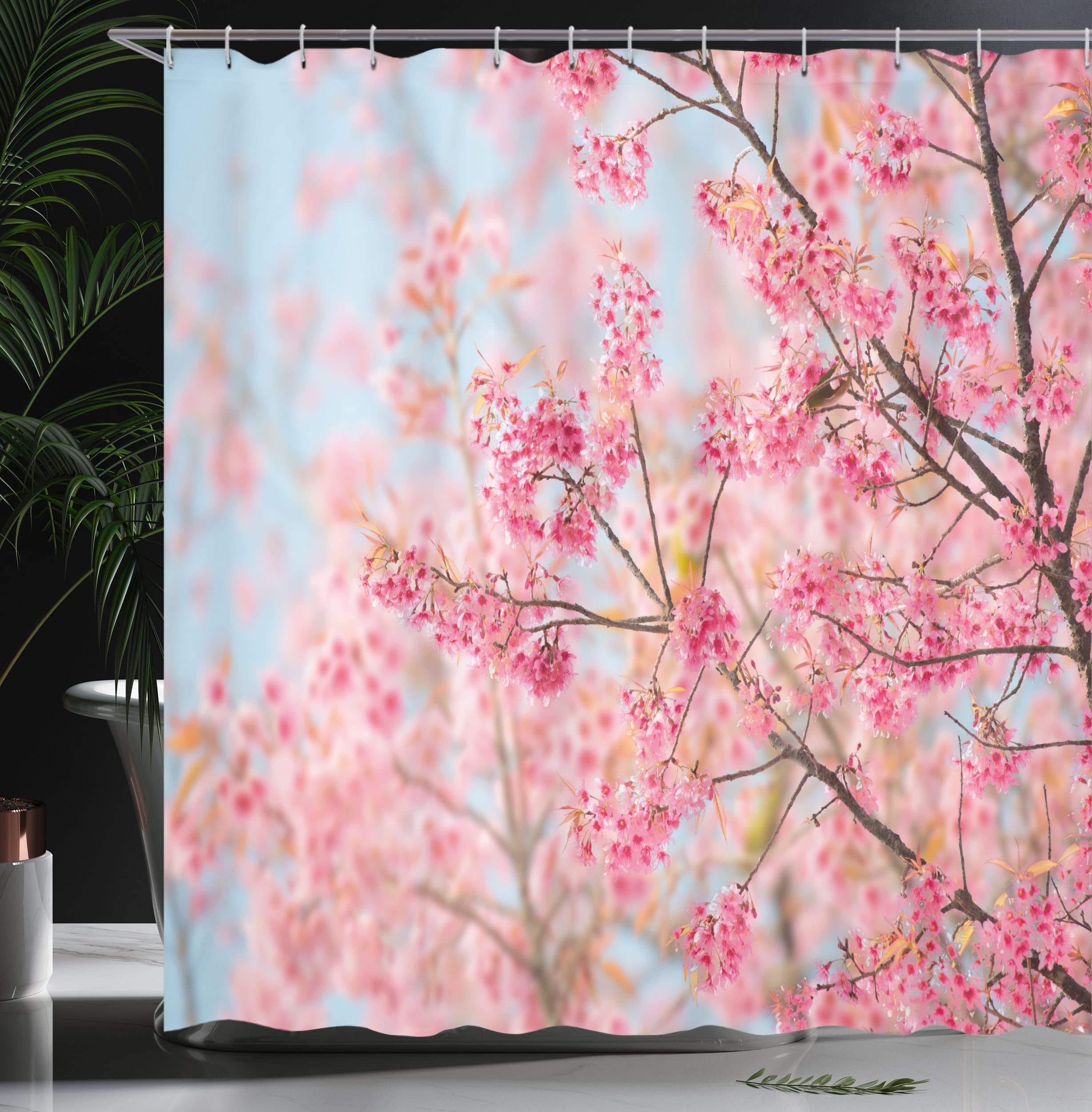 ABAKUHAUS Floral Shower Curtain, Japanese Sakura Cherry Blossom Branches Full of Spring Beauty Picture - Image 3