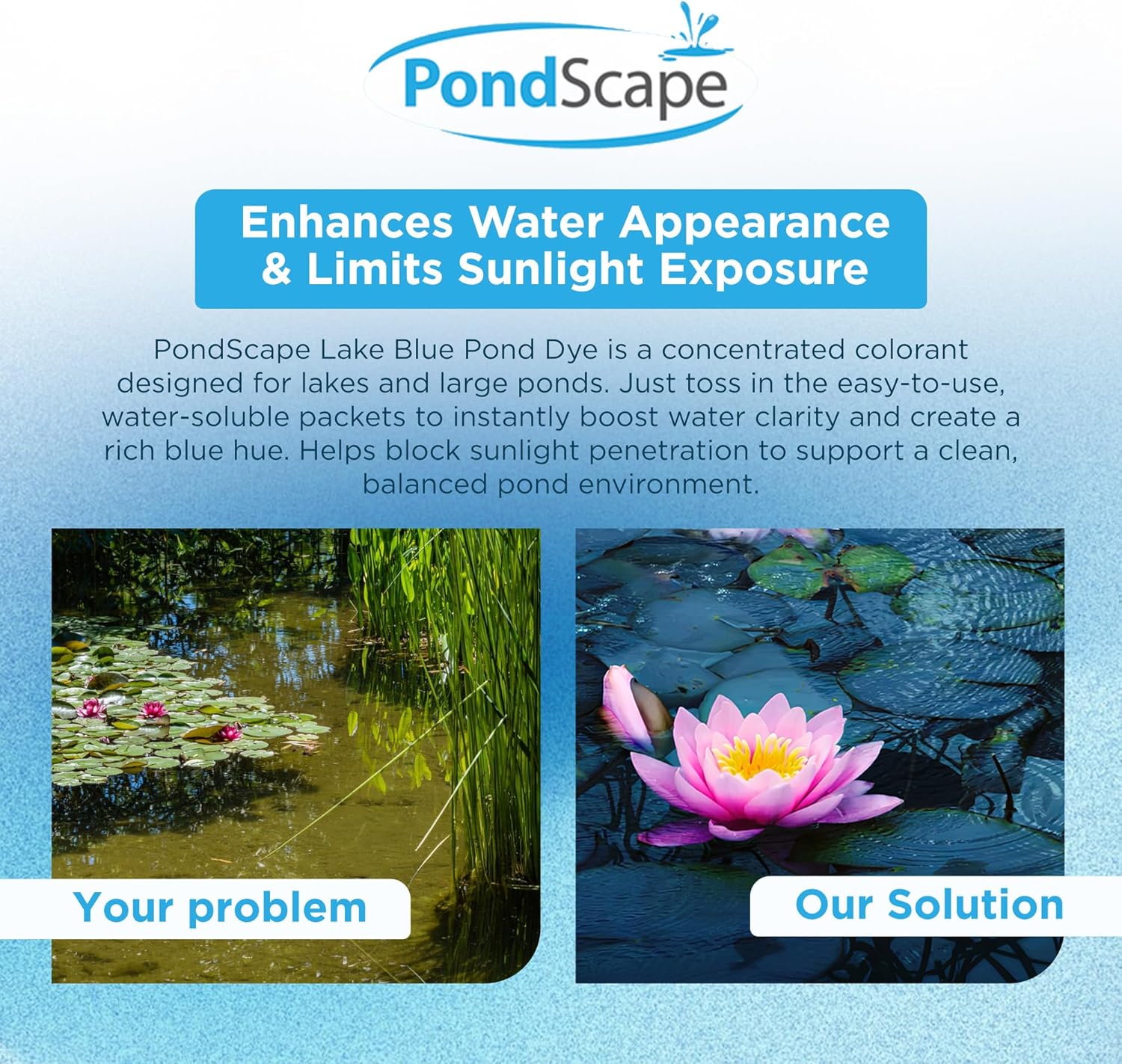 PONDSCAPE Lake Blue Pond Dye – Each Water Soluble Packets Treats 1/3 Acre, 3'-6' Deep - for Ponds, Fountains & Outdoor Water Features – Enhances Color & Clarity – Natural Blue Colorant - 4 Pack