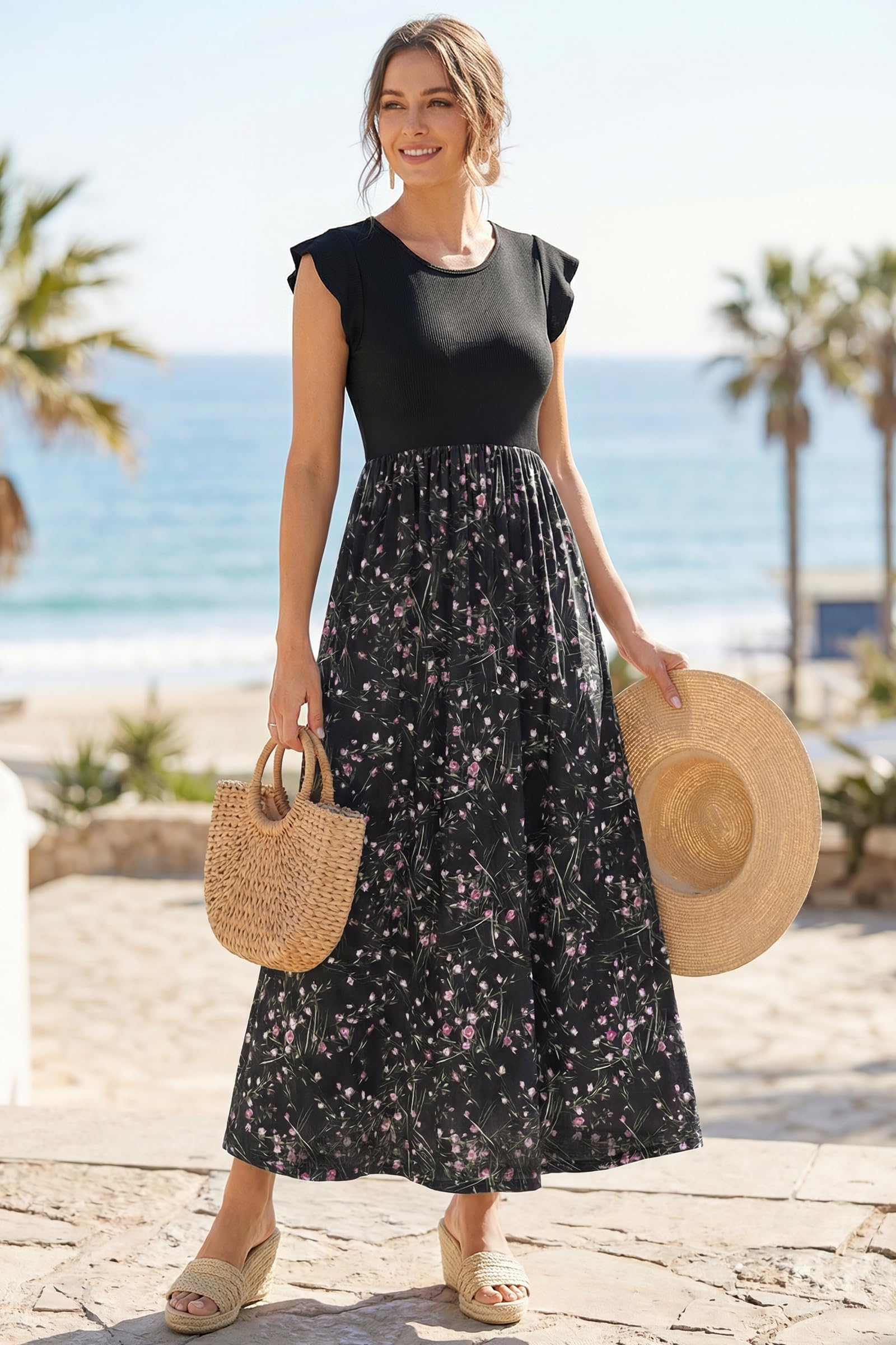 OUGES Sommerkleid Damen Lang Rüschen Maxikleid Elegant Sommer Kleid mit Taschen