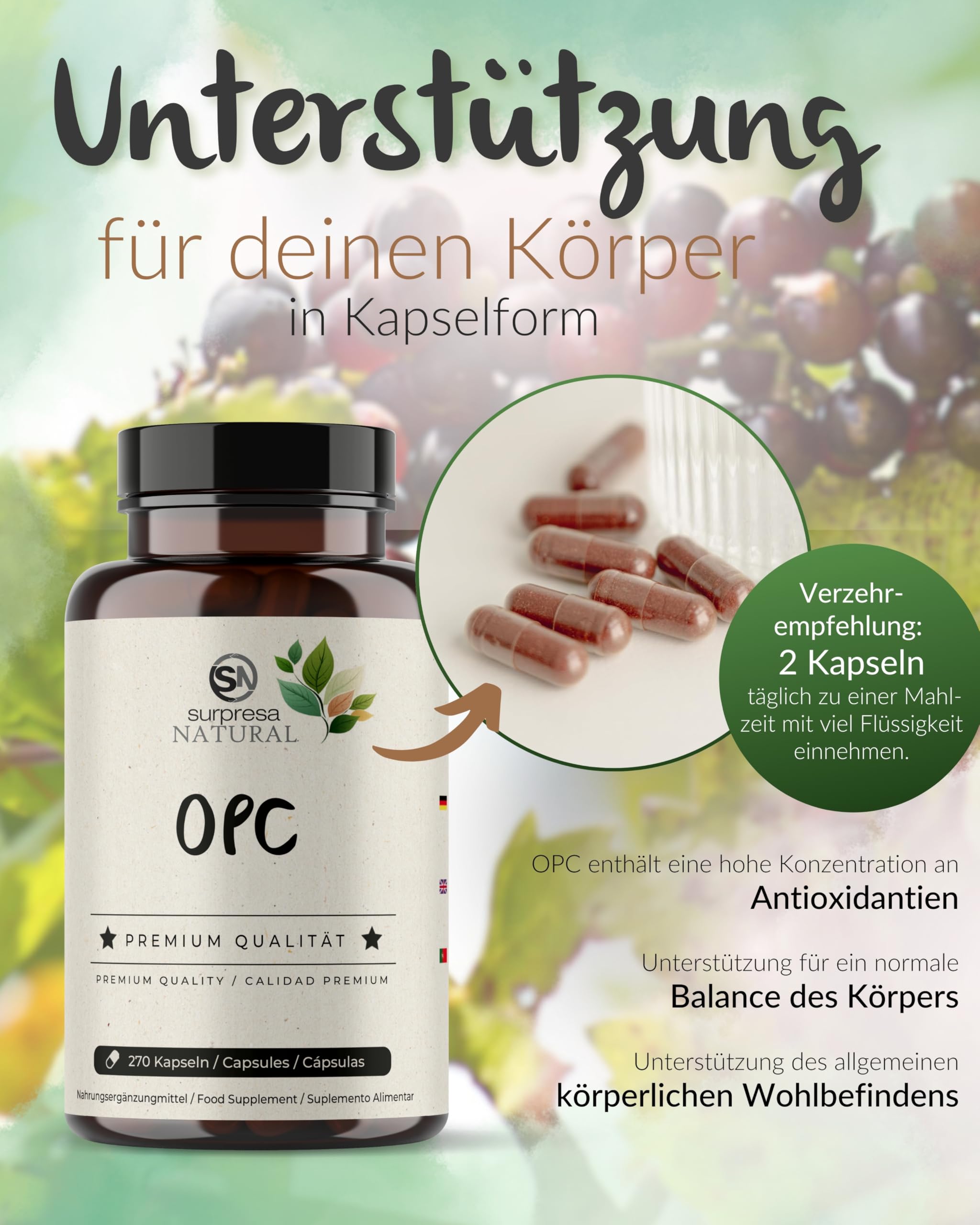 OPC Traubenkernextrakt Kapseln hochdosiert I 270 Kapseln I 400mg Extrakt pro Kapsel IOPC Kapseln aus französischen Trauben I Nahrungsergänzungsmittel vegan & laborgeprüft