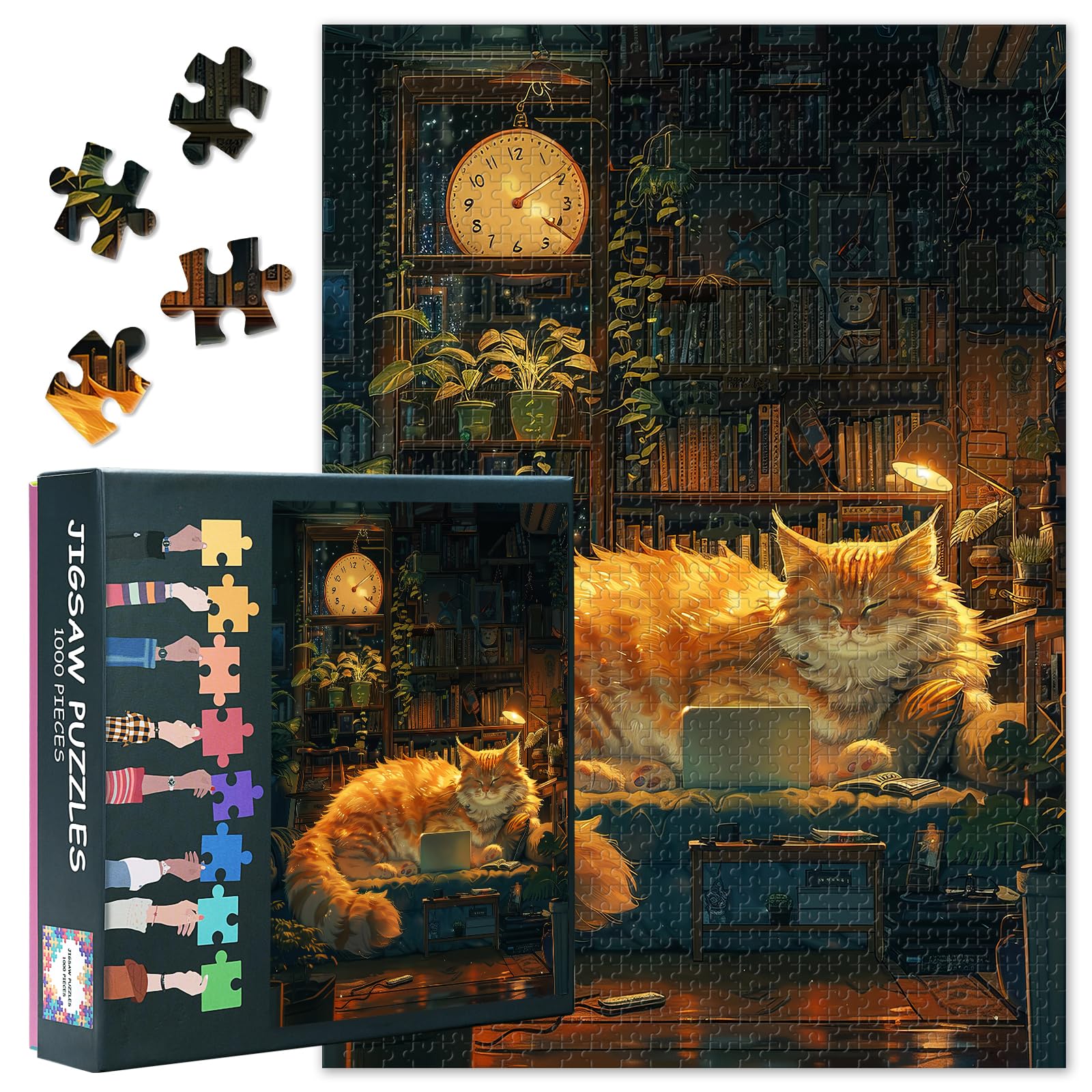 Orange Cat 1000 Piece Puzzle for Adults Cat in the Library Puzzles for Adults Home Wall Decoration Funny Challenging Puzzles Ideal for Puzzle Enthusiasts Finished Size: 70x50cm