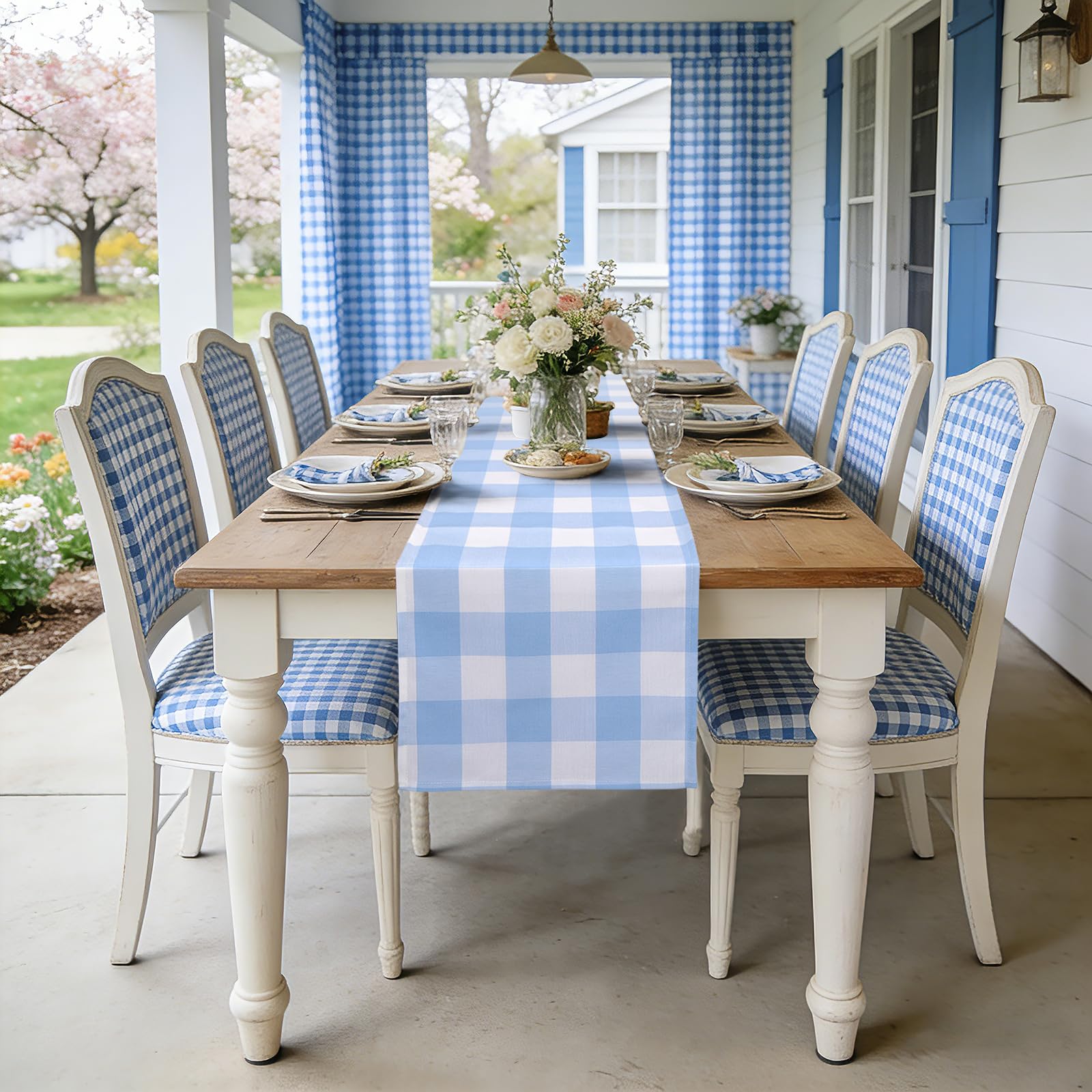 Yuboo Light Blue Easter Table Runner, Gingham Buffalo Plaid Classic Checkered, 72 inches Long - Easter Table Decor, Spring Holiday Farmhouse Table Set for Baby Shower Birthday Decorations