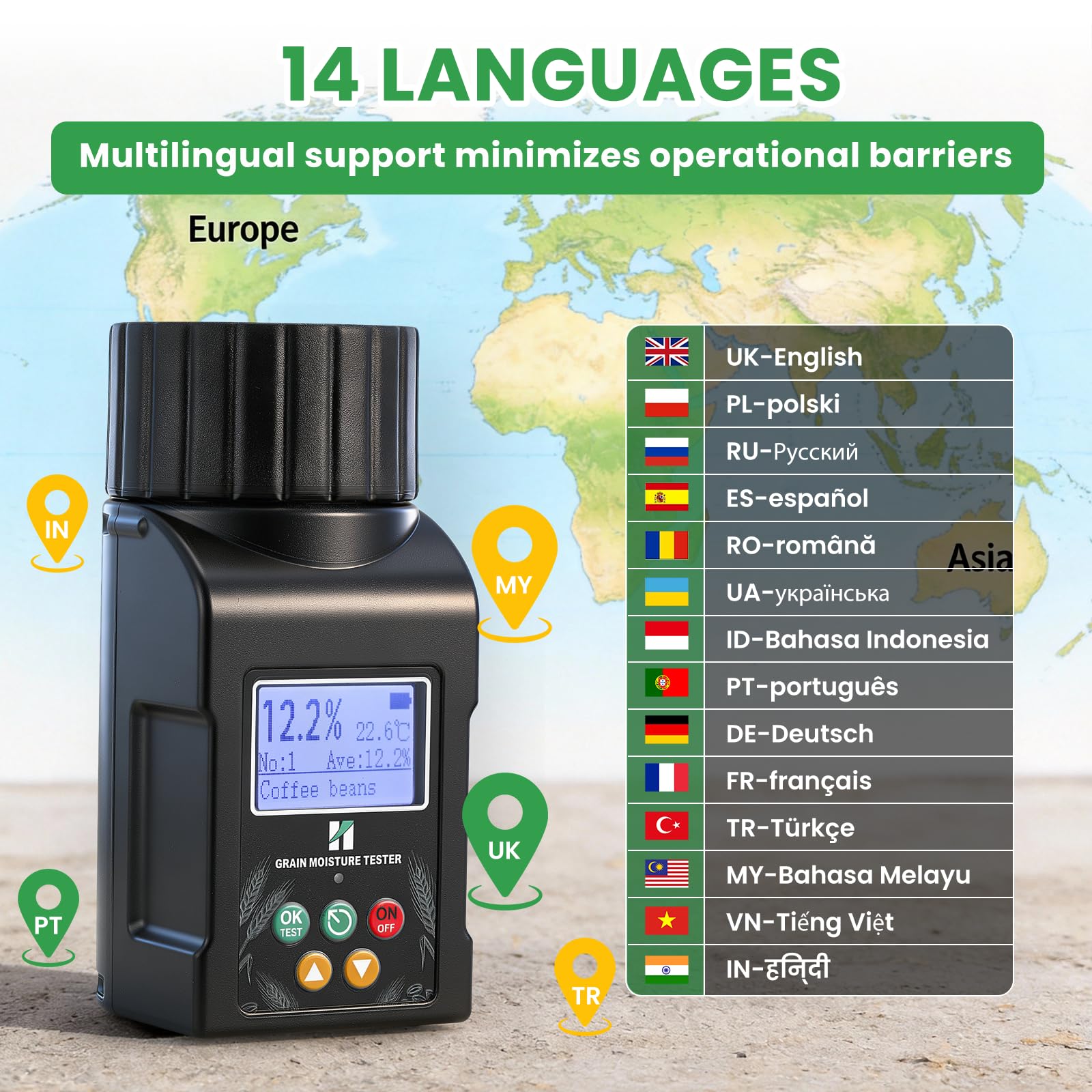 Huanyu Getreide Feuchtigkeitsmessgerät Grain Moisture Meter für 40 Sorten, ±0.5% Genauigkeit, Feuchtigkeitsmesser mit 14 Sprachen inkl. Deutsch, Temperaturkompensation, für Weizen, Rohkaffee und mehr