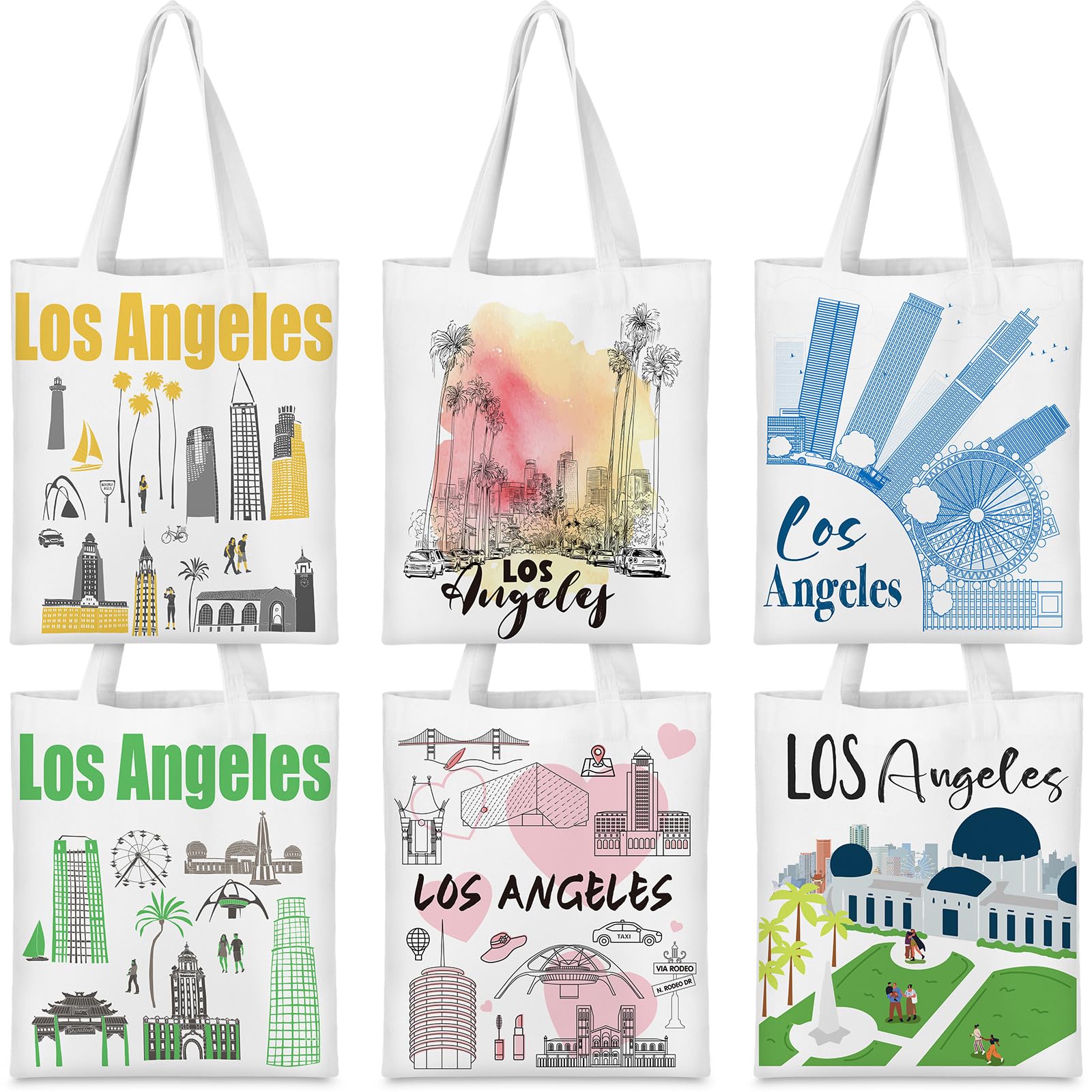Talltalk 6 Pcs Los Angeles Canvas Tote Bag Watercolor Los Angeles City Souvenir Gift Souvenir Women Travel Gifts Grocery Shopping Bag Christmas Party