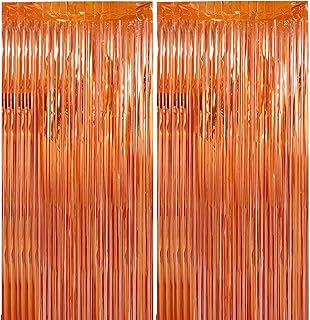 2 Pack 3.28 ft x 6.56 ft Orange Tinsel Curtain Party Backdrop Decorations, Metallic Foil Fringe Backdrop Door for Halloween, Christmas, Birthday Graduation Wedding Party Streamers Photo Backdrop.