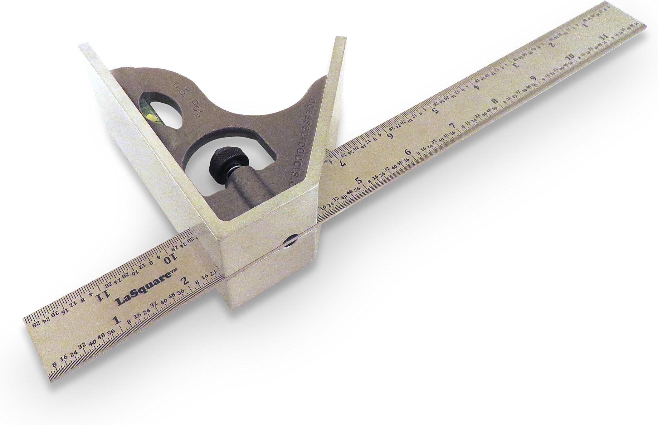 12โ SAE Machinist Combination Square, Saddle Square, Stainless Steel Blade with 1/64", 1/32", 1/16" and 1/8" Markings, Hardened Aluminum Head LAS 12SS-12"