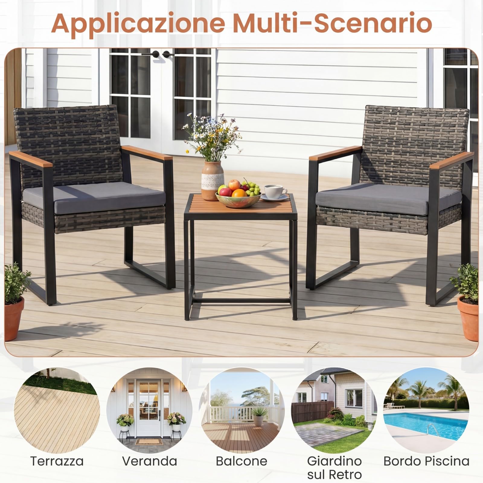 COSTWAY Set Salottino da Esterno in Rattan 3 pezzo, Set Mobili da Giardino Include 1 Tavolino Quadrato e 2 Poltrone Comode con Cuscino Imbottito e Telaio in Acciaio, per Balcone e Terrazzo (Grigio)