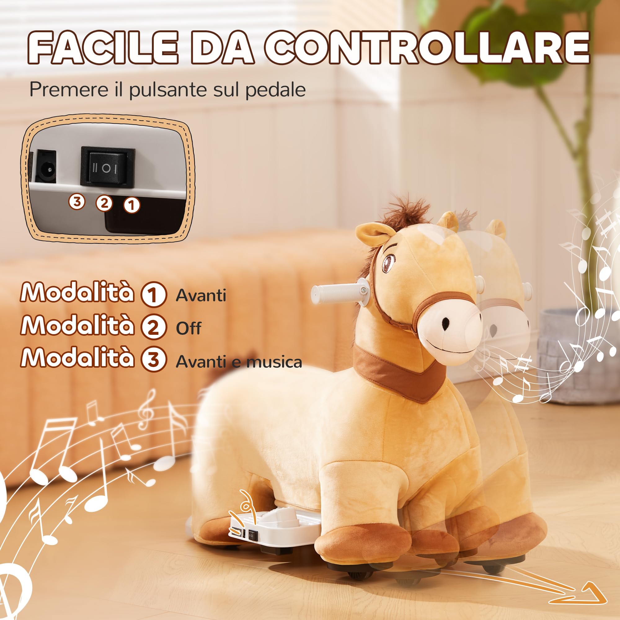 AIYAPLAY Cavallo a Dondolo Elettrico 6V per Bambini da 18-36 Mesi con Musica e Ruote, Cavalluccio a Dondolo Cavalcabile in Poliestere, 69x34x53cm, Marrone
